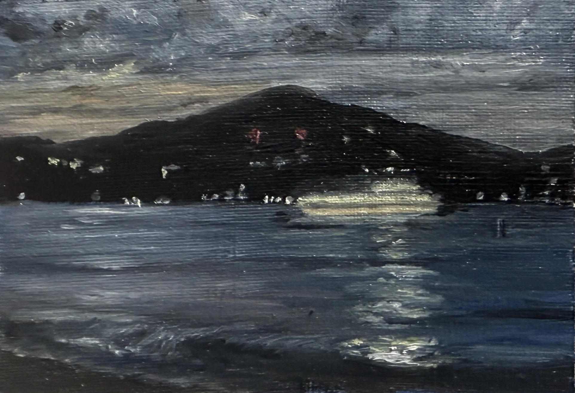 "Mish-an-Nock on a Summer Night," oil on paper, 2 x 3 inches, 2025.