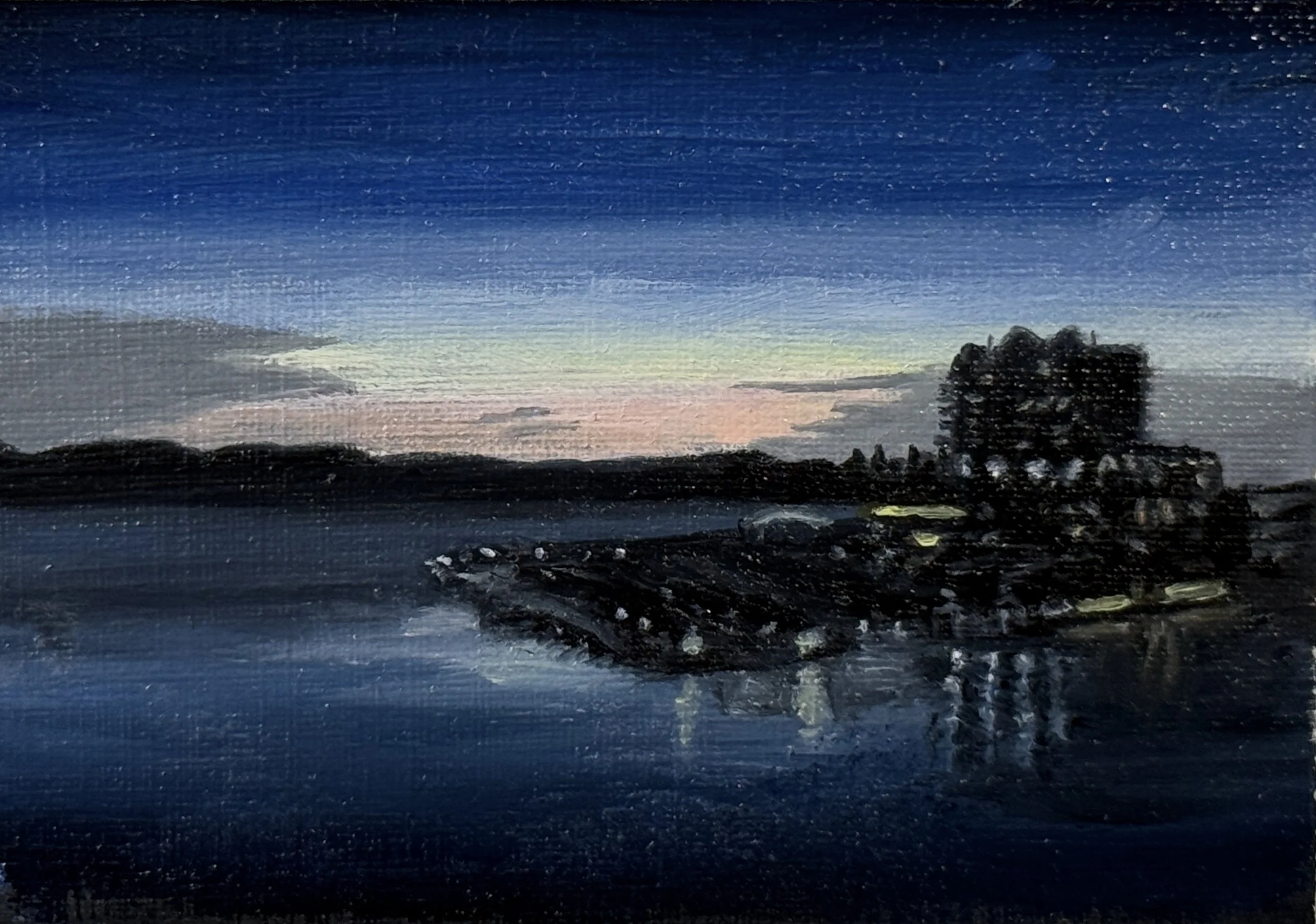 "Resort in May," oil on paper, 3 x 2 inches, 2025.