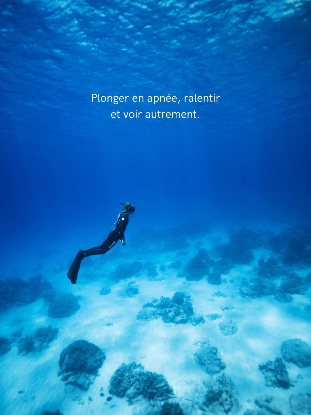 Sous l&rsquo;eau, tout devient silence.

Le souffle s&rsquo;efface, le c&oelig;ur s&rsquo;apaise et la vie marine s&rsquo;approche.

Apprendre &agrave; retenir son souffle c&rsquo;est apprendre &agrave; &ecirc;tre l&agrave;, simplement, profond&eacut