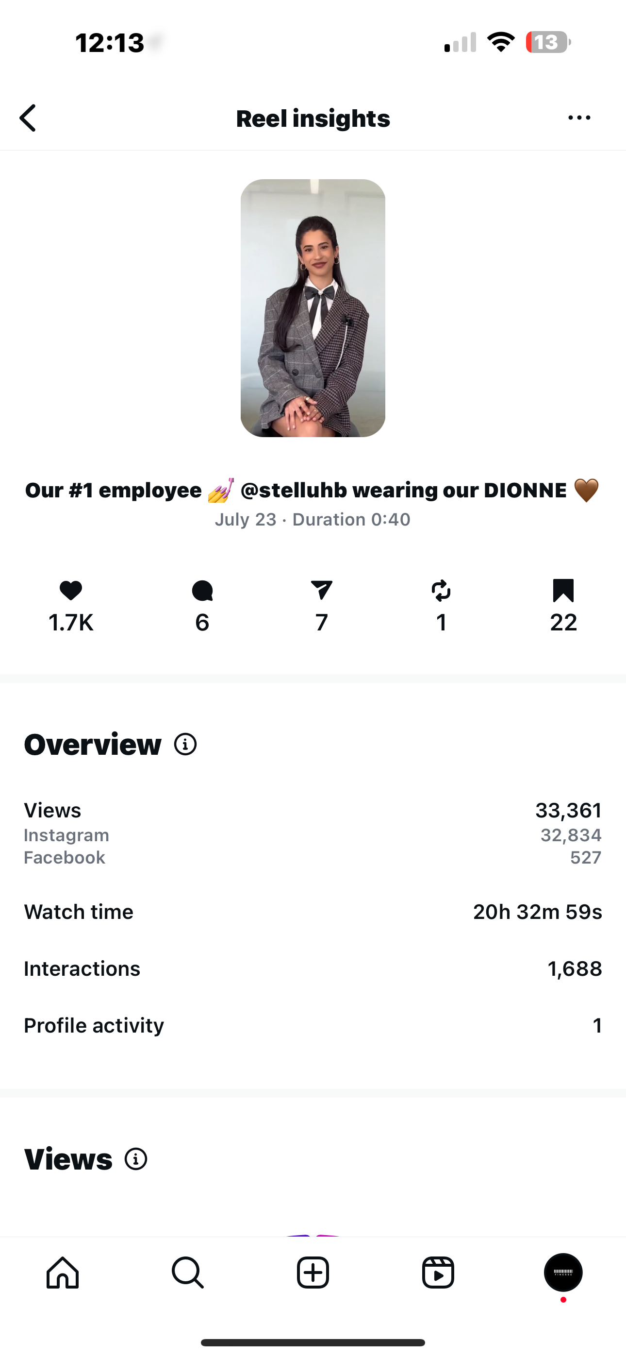 Instagram reel featuring a woman in professional attire, wearing a gray checkered blazer with a black and white scarf, labeled as the company's top employee, with engagement statistics.