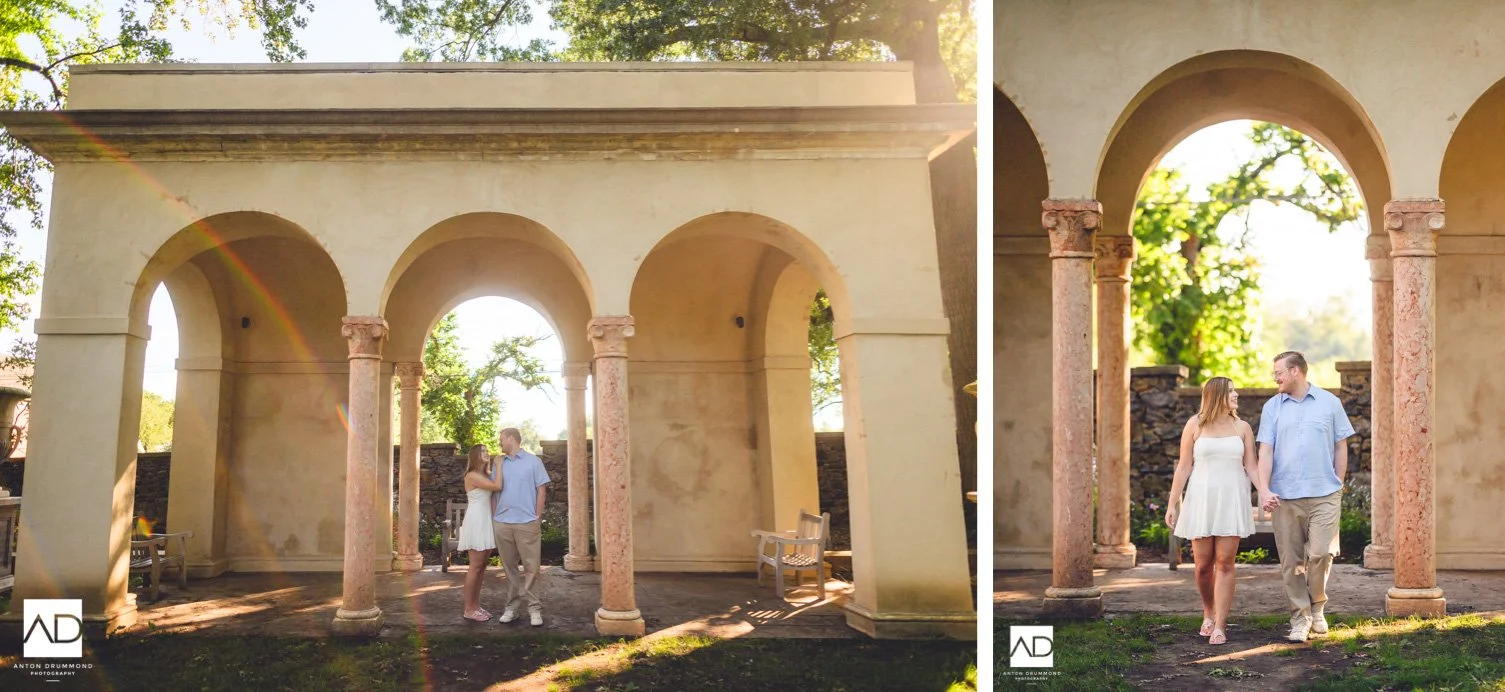 Pink marble columns and arched loggia — Marian Coffin Gardens engagement session in golden late-summer light