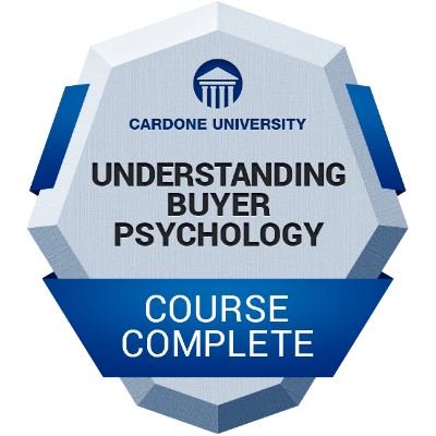 Certification badge for Cardone University course titled 'Understanding Buyer Psychology,' indicating the course is complete.