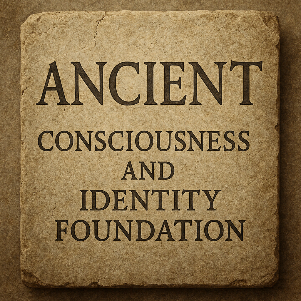 A stone tablet with the inscription "Ancient Consciousness and Identity Foundation" engraved on it.