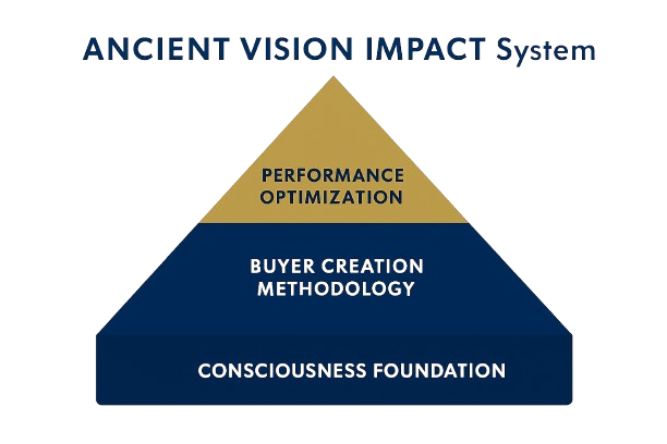 Diagram titled "Ancient Vision Impact System" showing a layered pyramid with three sections labeled from bottom to top: "Consciousness Foundation," "Buyer Creation Methodology," and "Performance Optimization".
