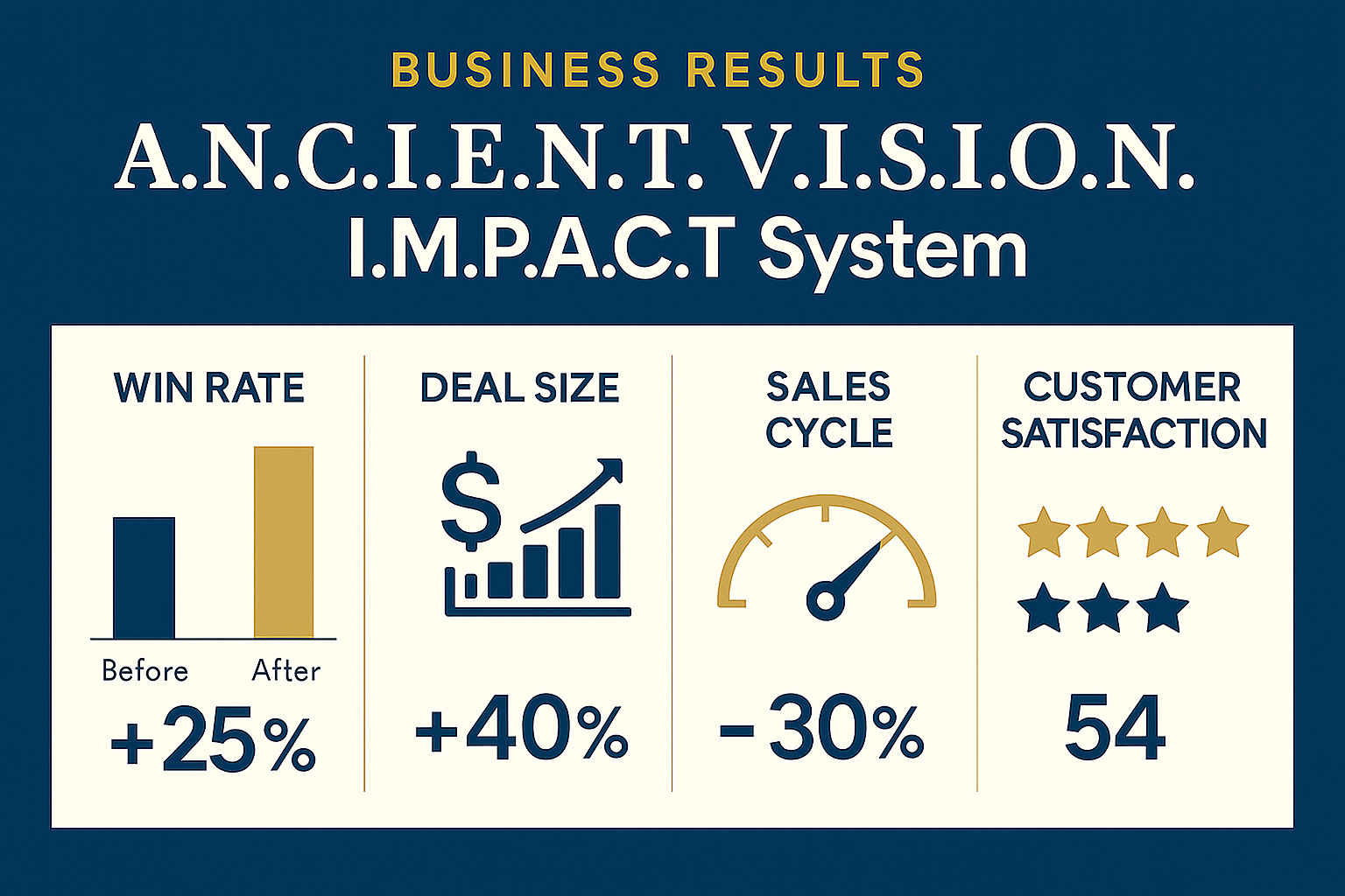 Business results infographic displaying ACHIEVEMENT of the I.M.P.A.C.T System. It shows: a 25% increase in win rate, a 40% increase in deal size depicted with a bar graph, a 30% decrease in sales cycle with a gauge, customer satisfaction rated 5 out of 6 stars, and the number 54.
