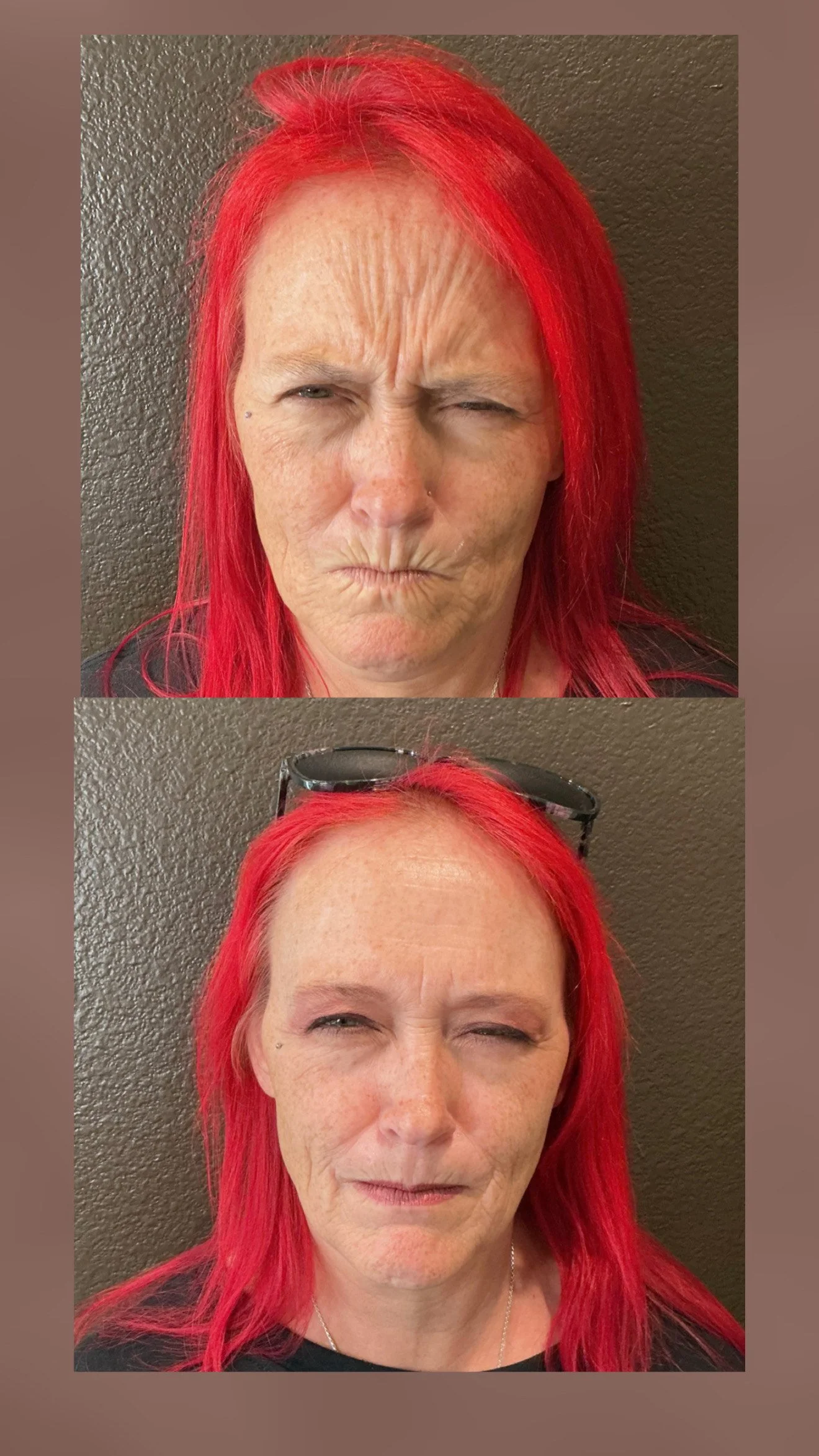 Before and after images of a woman with red hair, showing facial expressions and changes with sunglasses, against a textured dark wall.