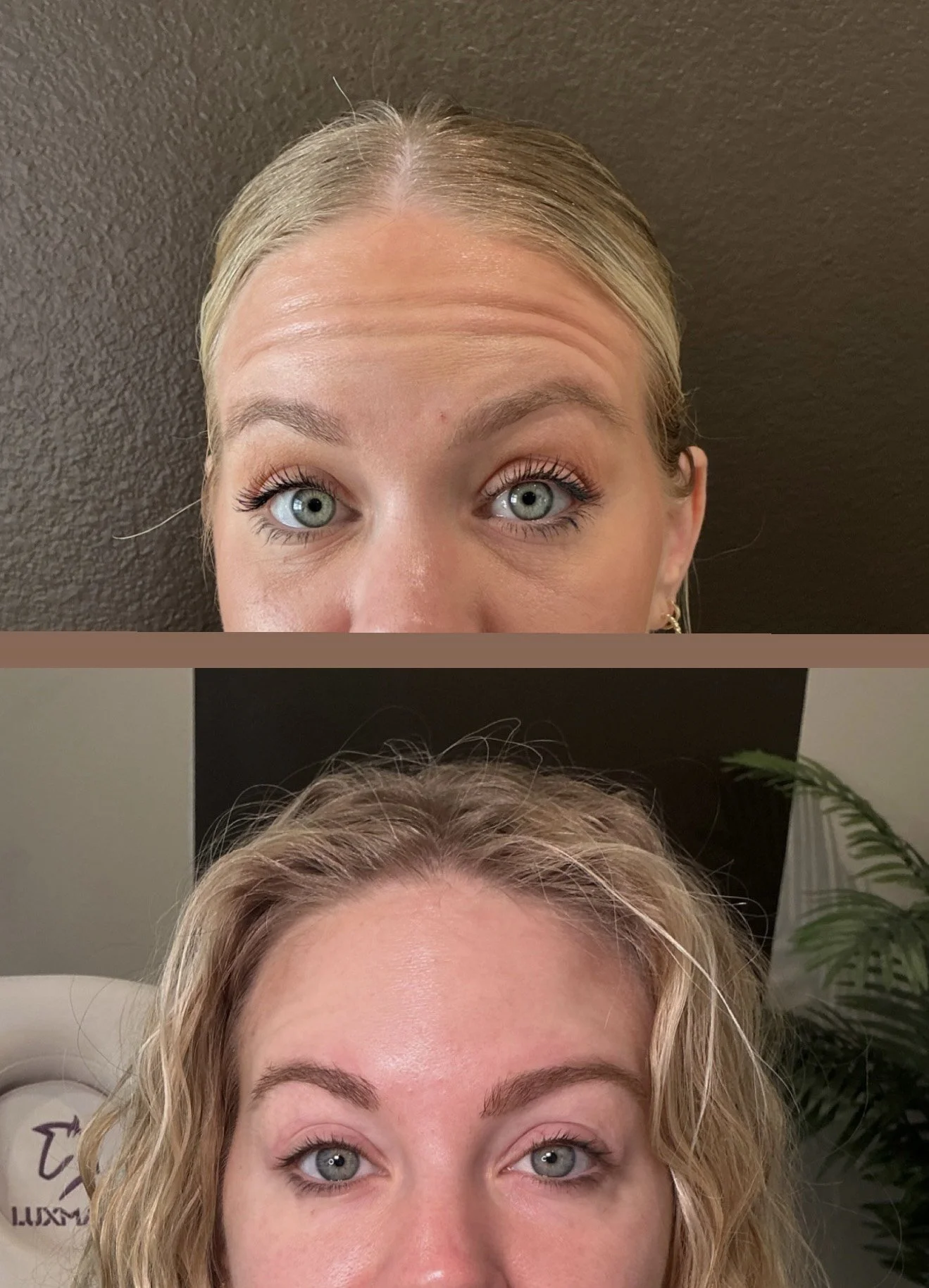Comparison of two women with similar blue eyes and makeup, showing different hairstyles and background settings.