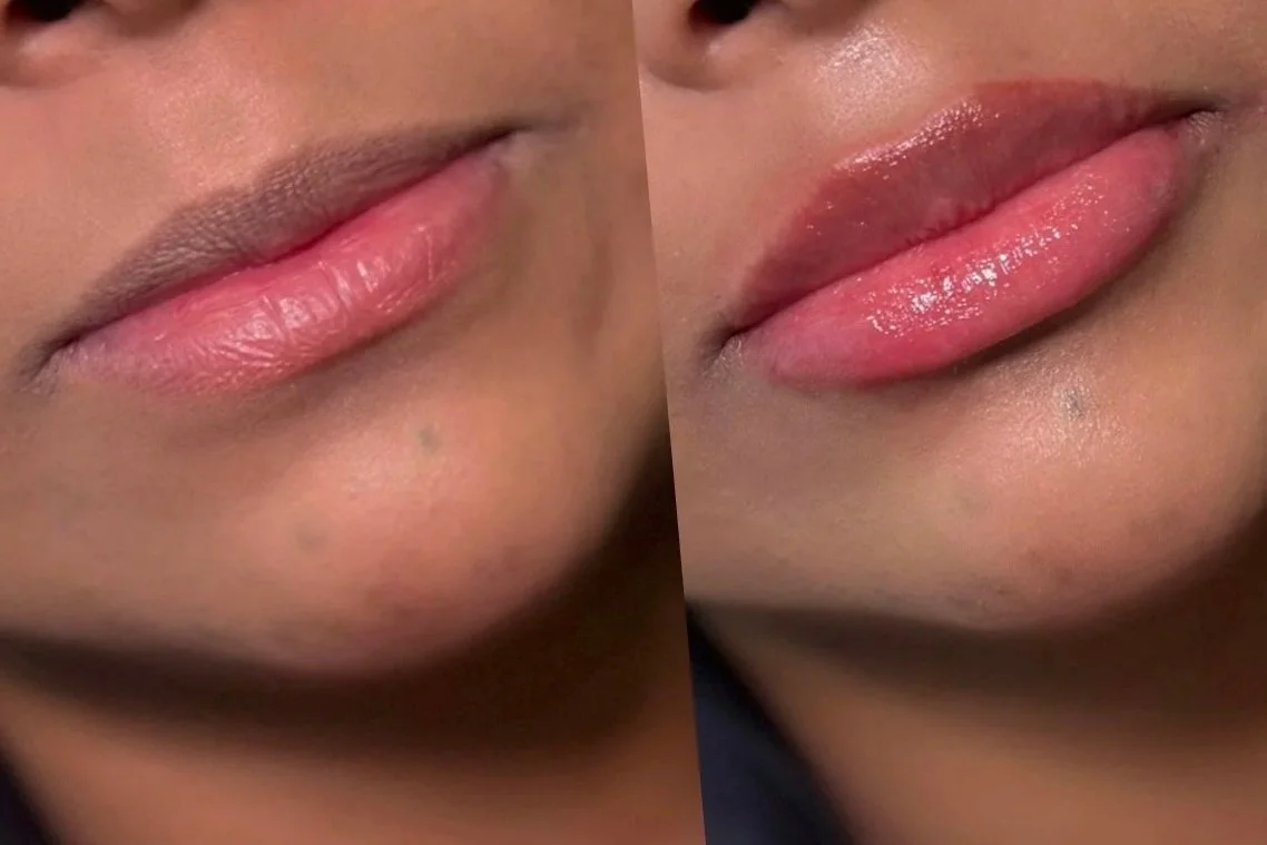 Close-up of lips before and after applying lip gloss, showing a shiny, moisturized look.