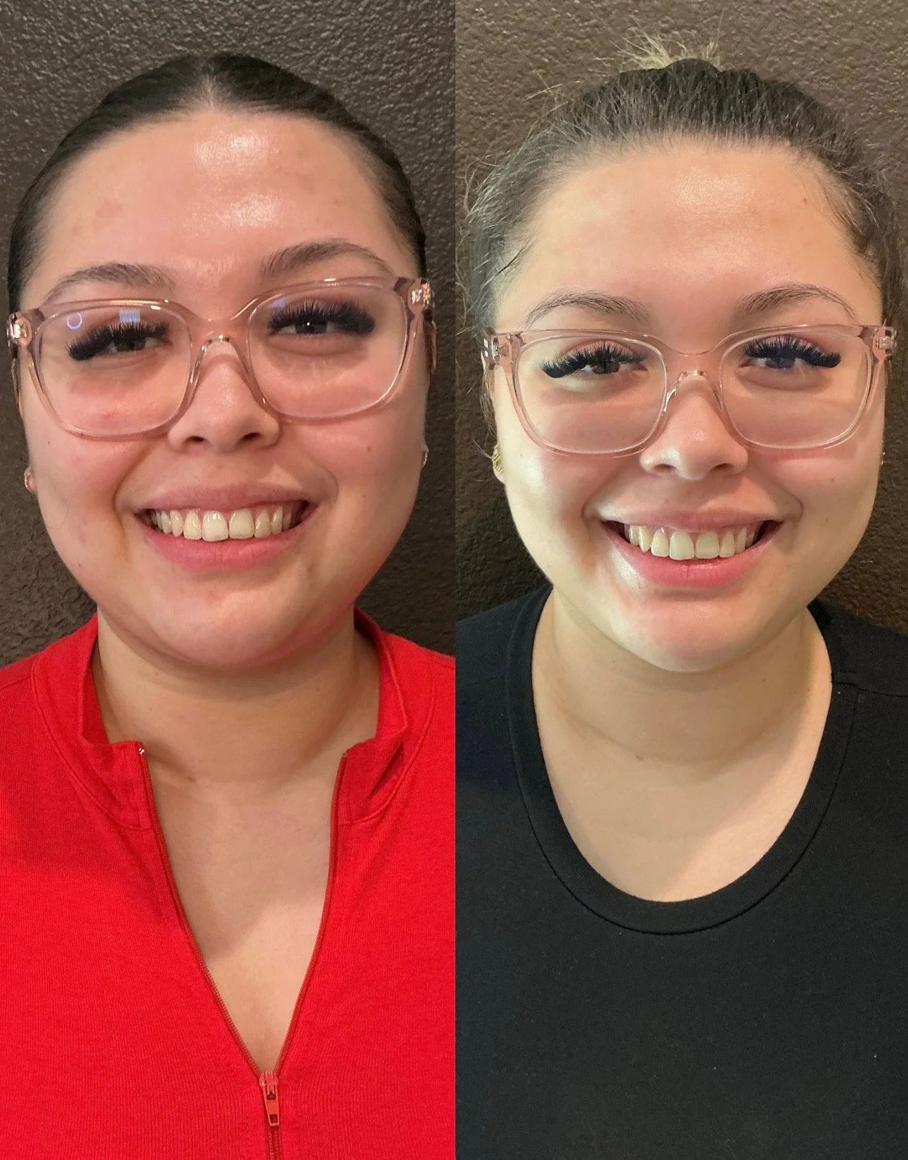 Side-by-side comparison of a woman smiling, wearing glasses; on the left in a red jacket, on the right in a black shirt, against a brown background.