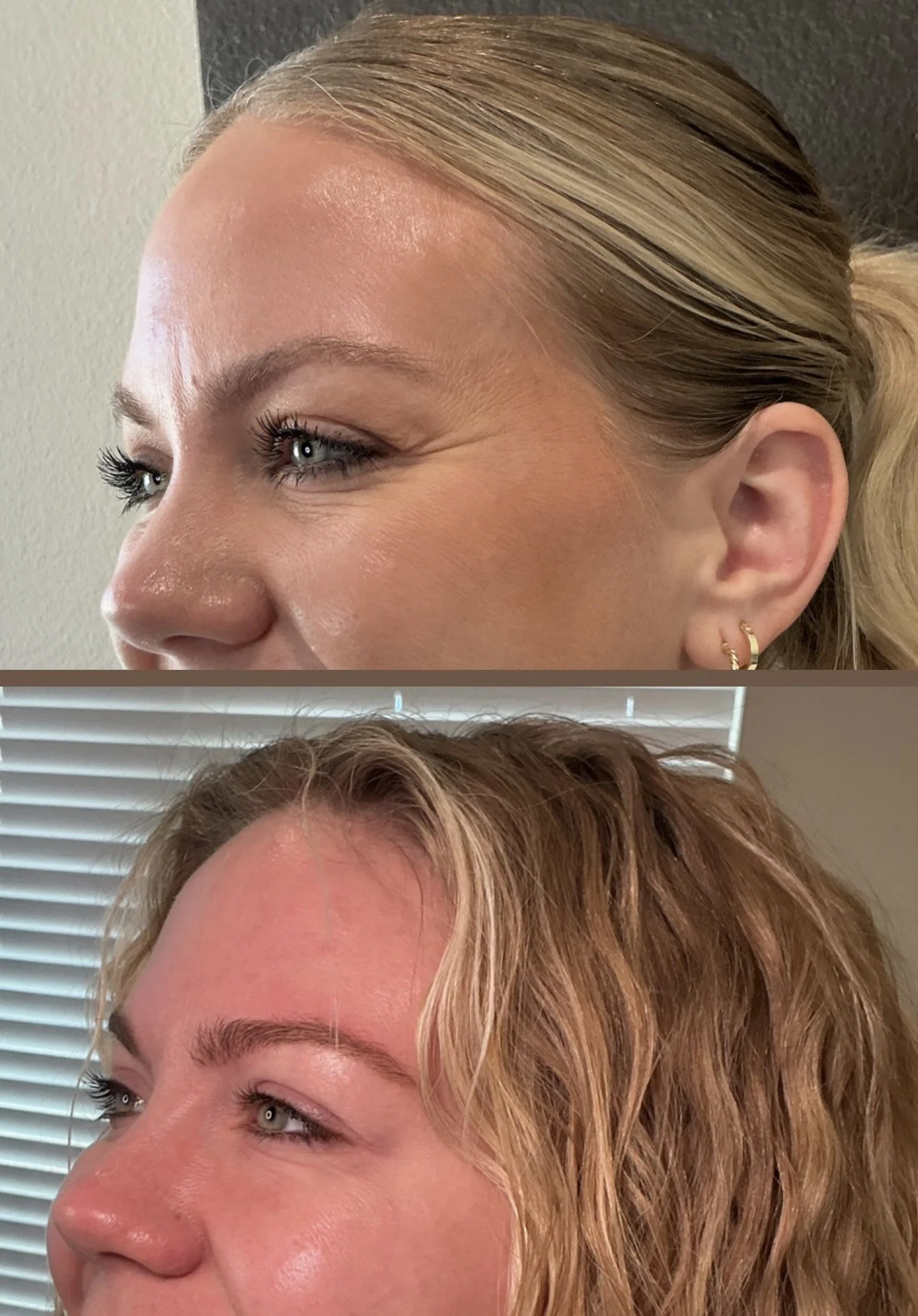 Side-by-side comparison of two women showing their faces from the same angle. The top woman has blonde hair in a ponytail, makeup with defined eyelashes, and earrings. The bottom woman has curly red hair and no makeup.