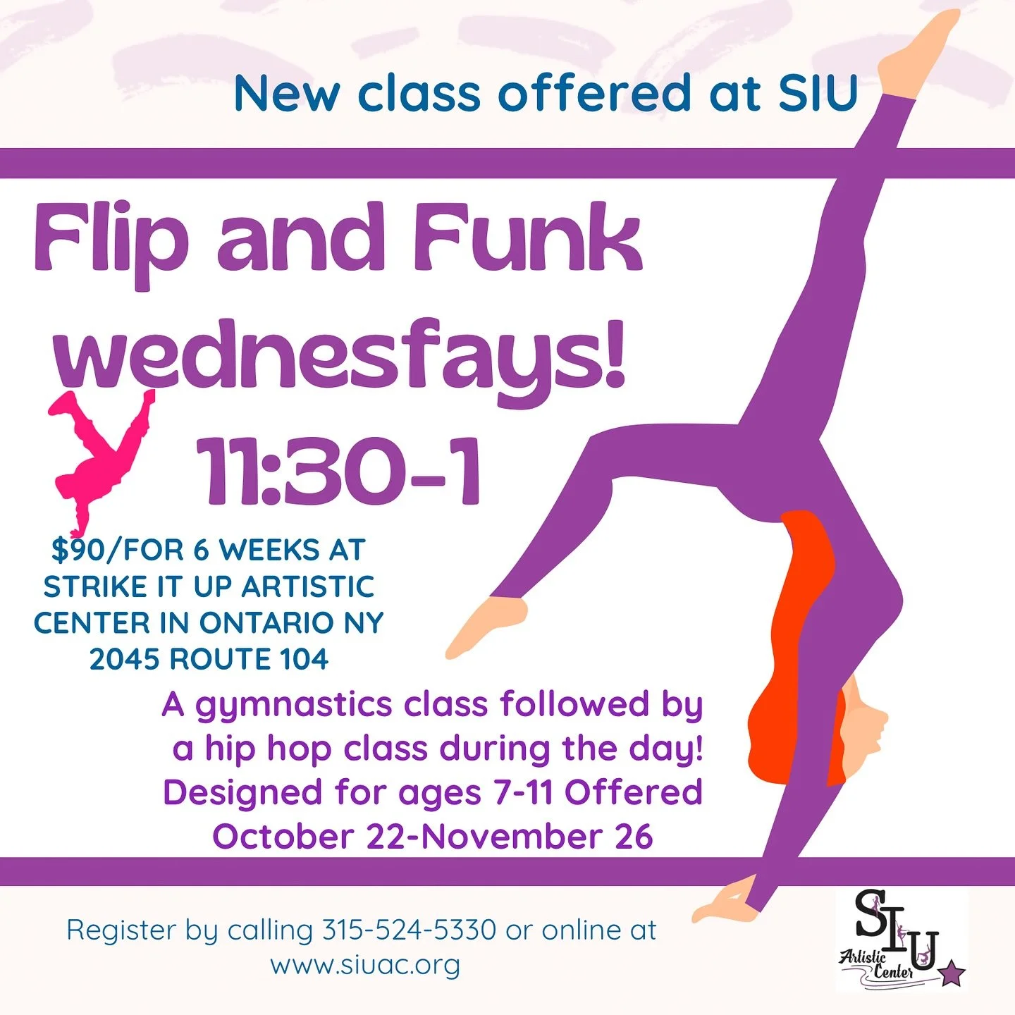 🚨 NEW CLASS ALERT 🚨
We&rsquo;re bringing something fresh to SIU &mdash; Flip &amp; Funk Wednesdays! 🤸&zwj;♀️✨

Ages 7&ndash;11 can join us for a 6-week session that combines the best of both worlds:
➡️ Gymnastics skills
➡️ Hip Hop dance grooves

?