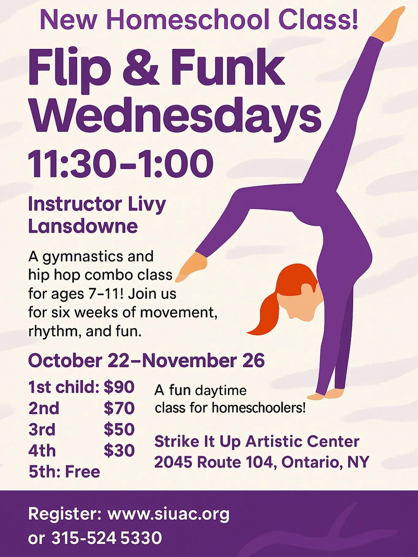 β¨ New Homeschool Class Alert! β¨
Join us for Flip & Funk Wednesdays — a fun combo of gymnastics and hip hop designed just for homeschoolers!
π Wednesdays, 11:30–1:00 PM
π
 October 22–November 26
π§ Ages 7–11
π Taught by