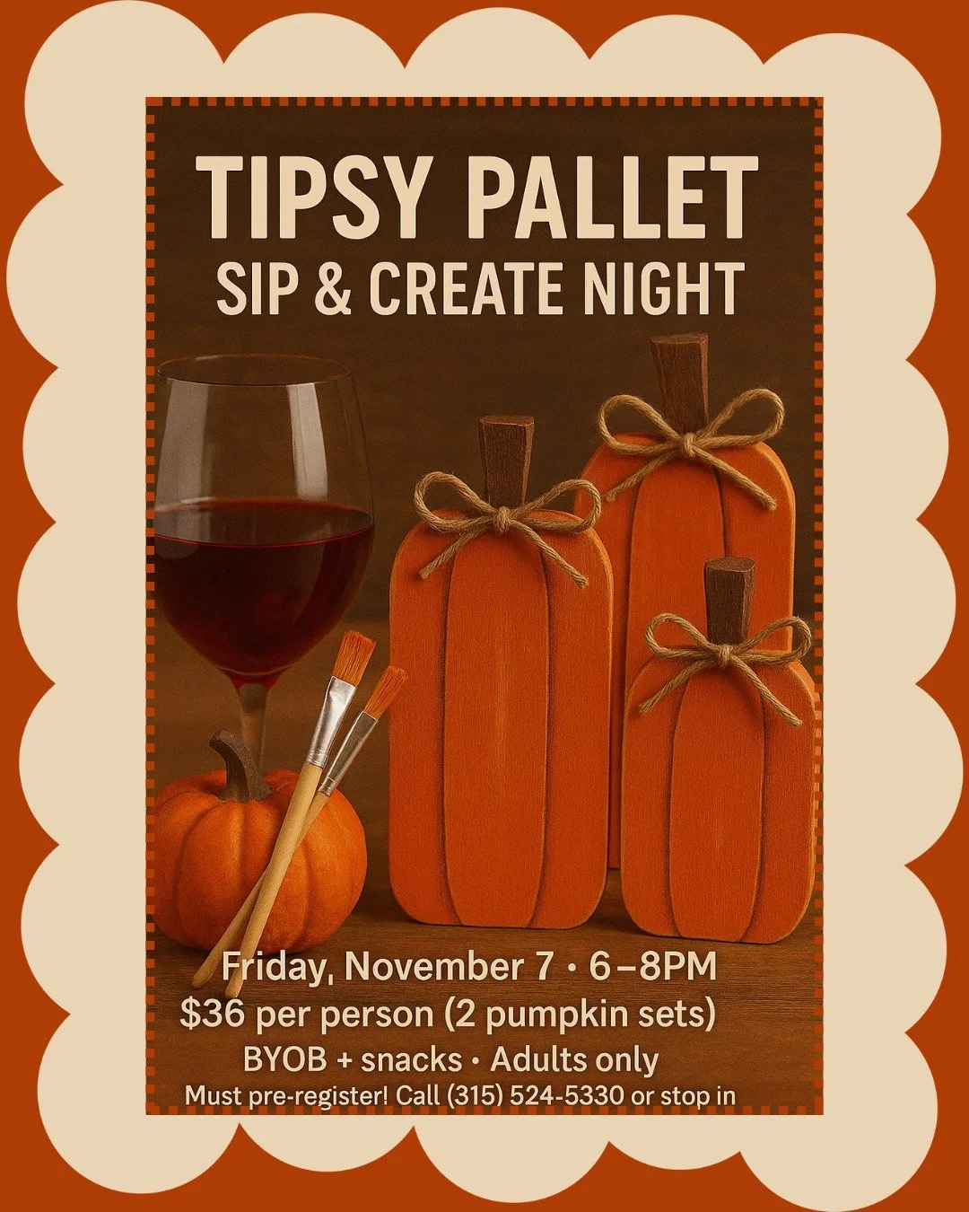 π§‘π· Sip. Paint. Laugh. Repeat.
Join us for Tipsy Pallet — our adults-only Sip & Create Night!
You’ll paint and assemble two adorable wooden pumpkin sets with step-by-step guidance. All supplies are included — just bring your fa