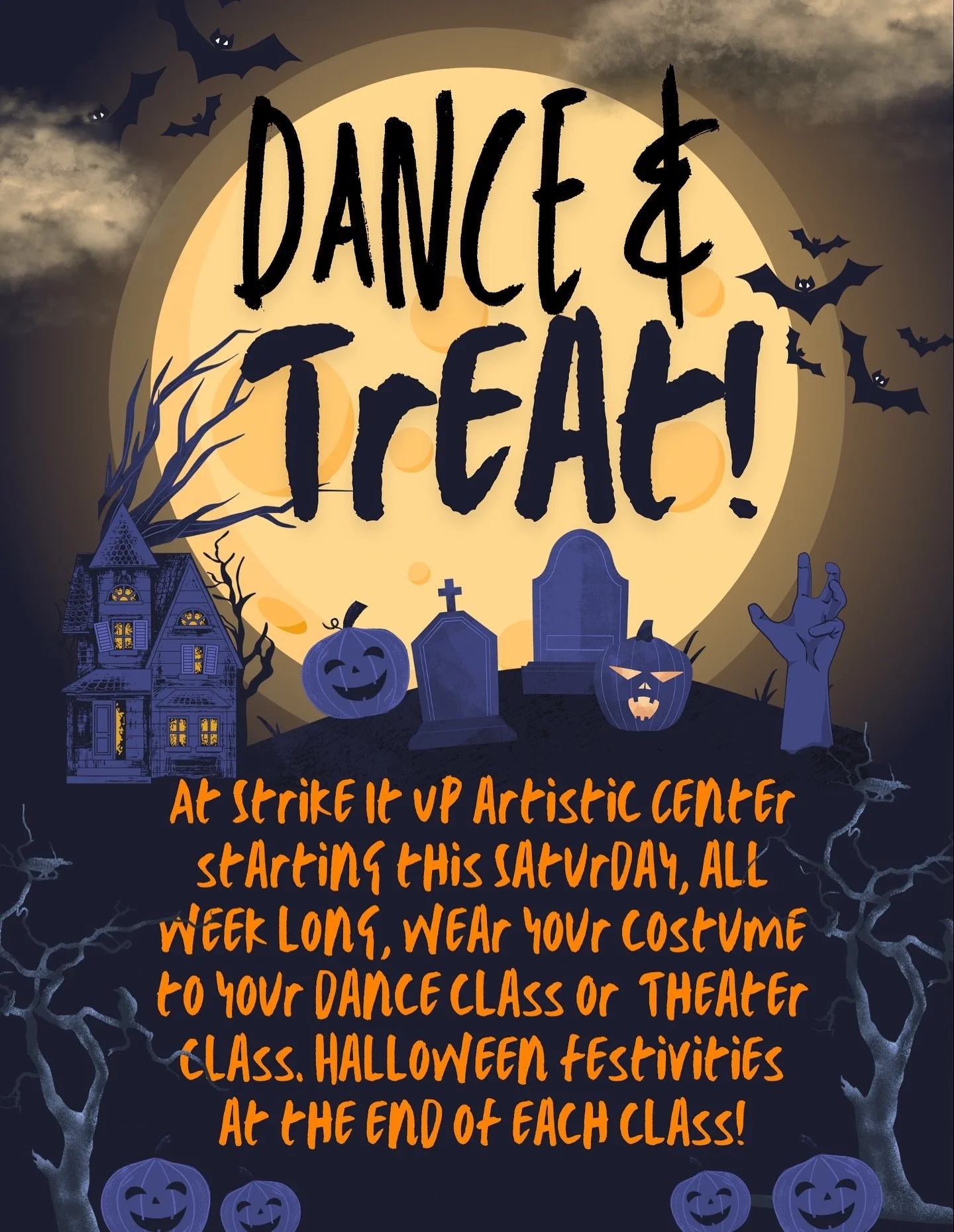 π»β¨ It’s time for DANCE & TREAT week at Strike It Up! β¨π»
Starting this Saturday, dancers and actors can wear their favorite costumes to class all week long! ππ©° From spooky to sparkly, we can’t wait to see your creativity on displa