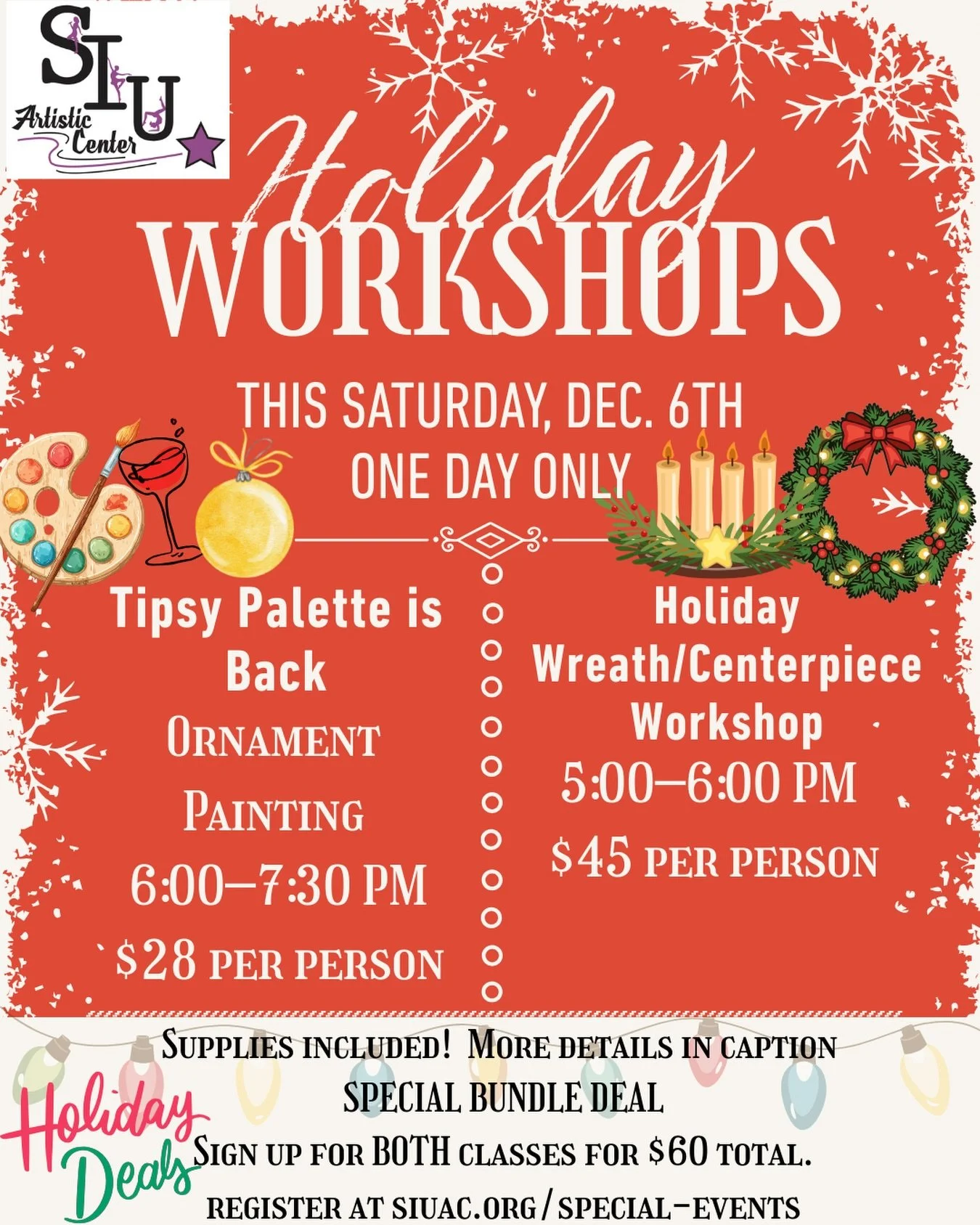 Get ready for a double-dose of holiday creativity! 🎄✨
Both of our festive workshops are happening Saturday, December 6th, and you&rsquo;re invited!

🎨 Tipsy Palette: Ornament Painting
📅 Saturday, Dec. 6
⏰ 6:00&ndash;7:30 PM
💵 $28 per person
Creat