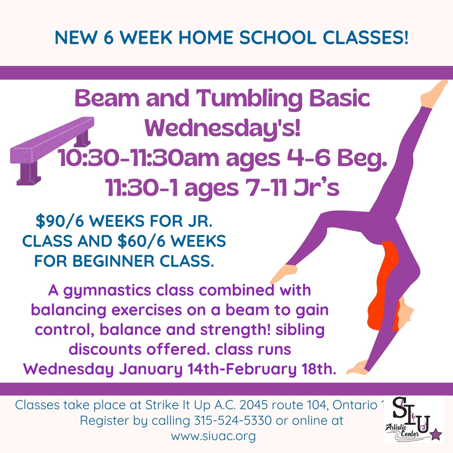 ✨ Calling all homeschool families! ✨

We&rsquo;re excited to offer NEW 6-week Homeschool Beam &amp; Tumbling classes at Strike It Up! These classes combine beginner gymnastics and balance work to build strength, coordination, and confidence &mdash; a