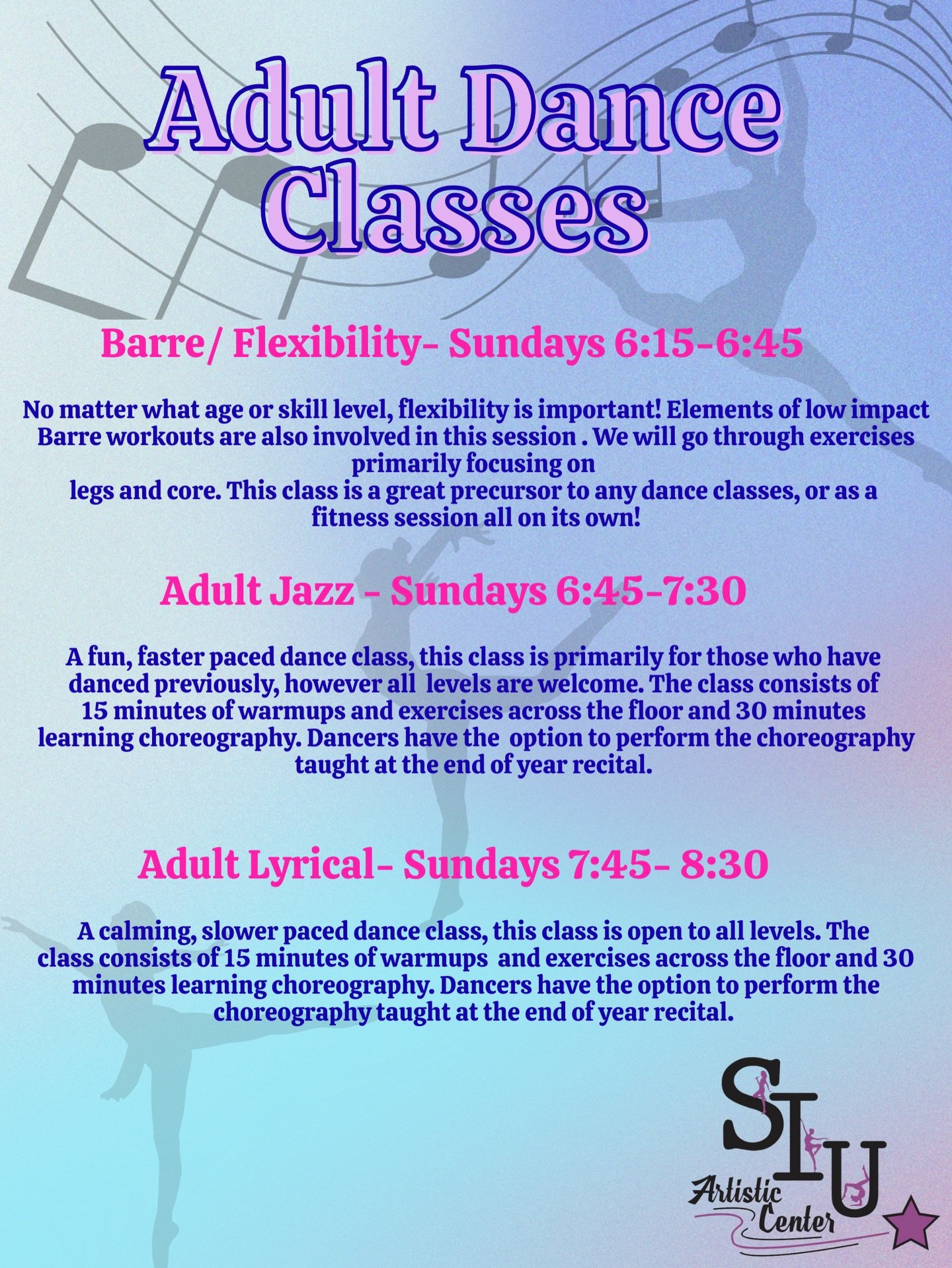 Attention SIUAC Alumni!

Missing the studio? Now&rsquo;s your chance to step back into the dance world. Strike It Up is excited to offer Adult Dance Classes designed for dancers who have been there before &mdash; whether it&rsquo;s been a few years o