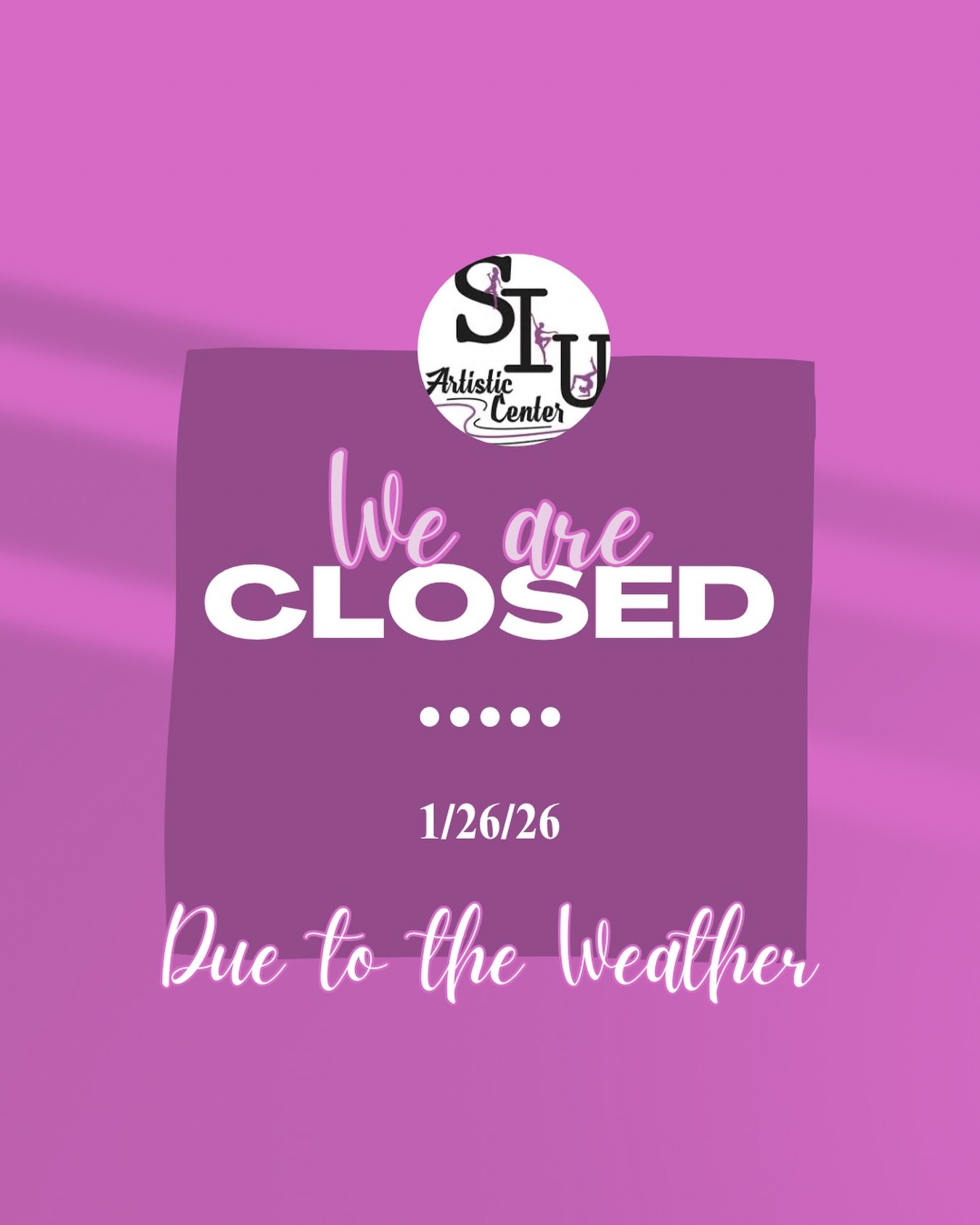 Hi everyone,
Due to the weather, we have decided to close the studio for tonight. We will work to schedule a make-up day and will share that information with you very soon.

Thank you for your understanding. Please stay warm and safe.
