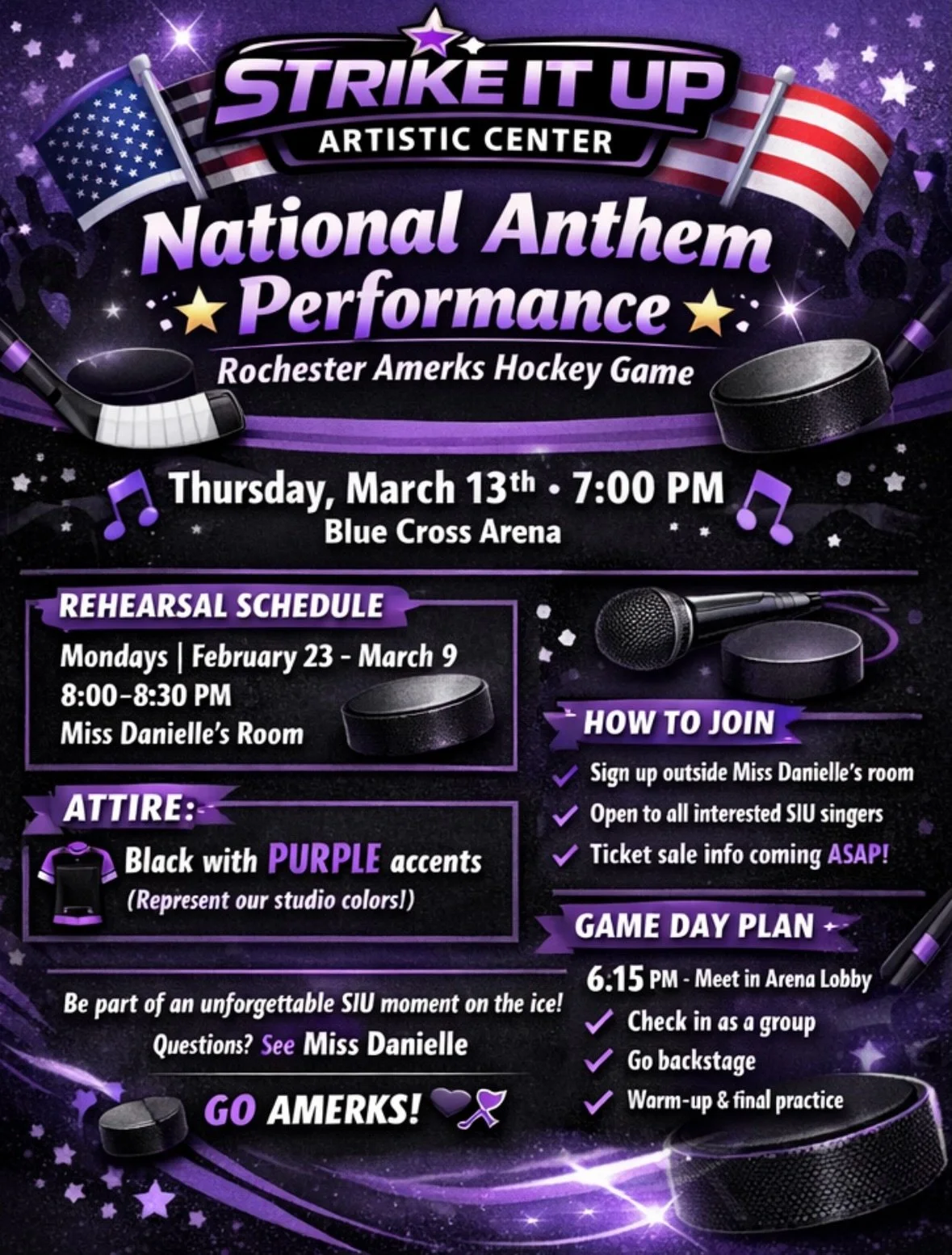 🎤🇺🇸 National Anthem Performance at the Rochester Amerks!

We are SO excited to announce that Strike It Up Artistic Center will be performing the National Anthem at a Rochester Amerks hockey game! 🏒✨

🗓 Thursday, March 13
⏰ 7:00 PM
📍 Blue Cross 