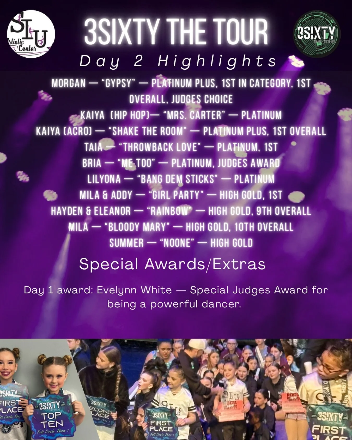 💜💜Day 2 at 3Sixty The Tour was another incredible day for SIUAC. We are so proud of the way our dancers represented the studio onstage with confidence, hard work, and heart. From solos to duets, this team continued to show their growth and dedicati