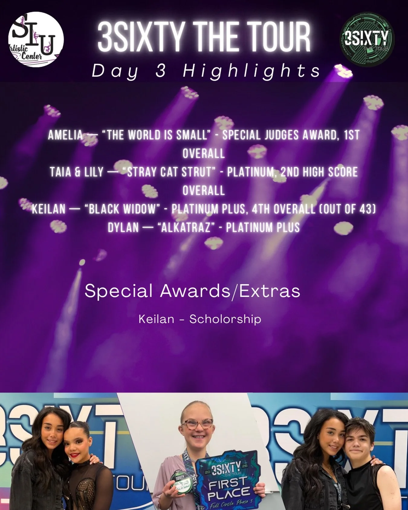 Day 3 at 3Sixty The Tour was the perfect way to close out an incredible weekend for SIUAC. Our dancers continued to push themselves, take the stage with confidence, and represent our studio with so much pride.

Here are our Day 3 results:

Amelia &md