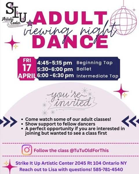 ✨ You&rsquo;re invited! ✨

Come join us for our Adult Dance Viewing Night and see what our adult classes are all about!

Whether you&rsquo;re supporting a dancer, curious about joining, or just want a fun night out, this is the perfect chance to chec