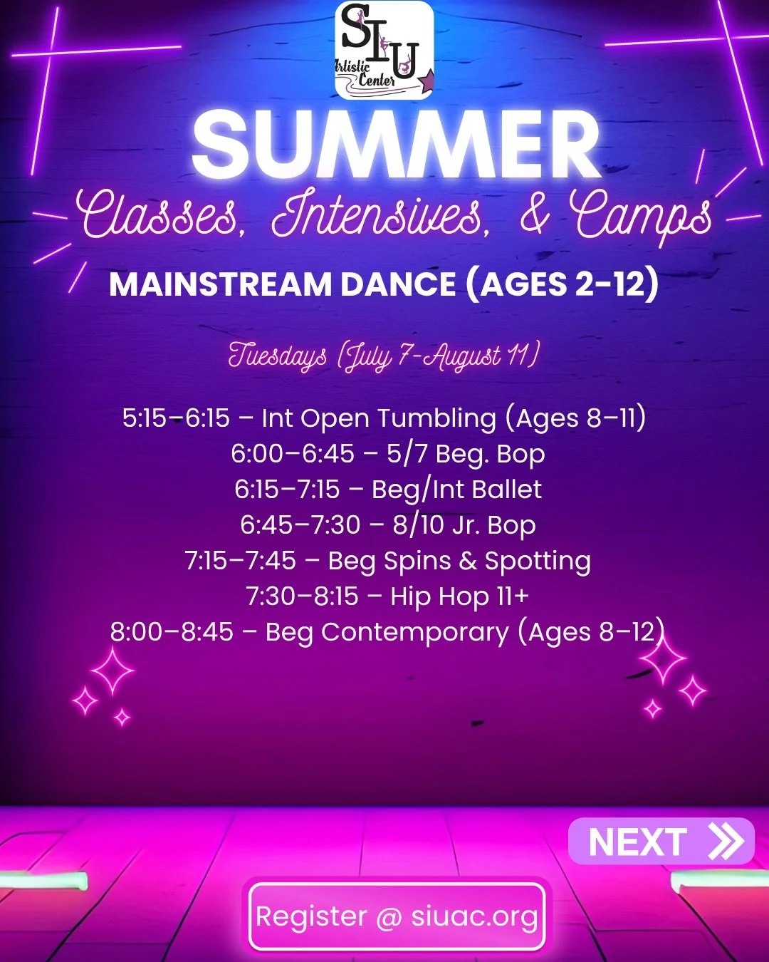☀️ SUMMER 2026 CLASSES, CAMPS &amp; INTENSIVES ARE HERE! ☀️

Looking for a fun, active, and enriching summer for your child? We&rsquo;ve got something for EVERY age and level at SIUAC 💜 SCROLL TO THE BOTTOM FOR EARLY BIRD DEALS! 💵 

From beginner d