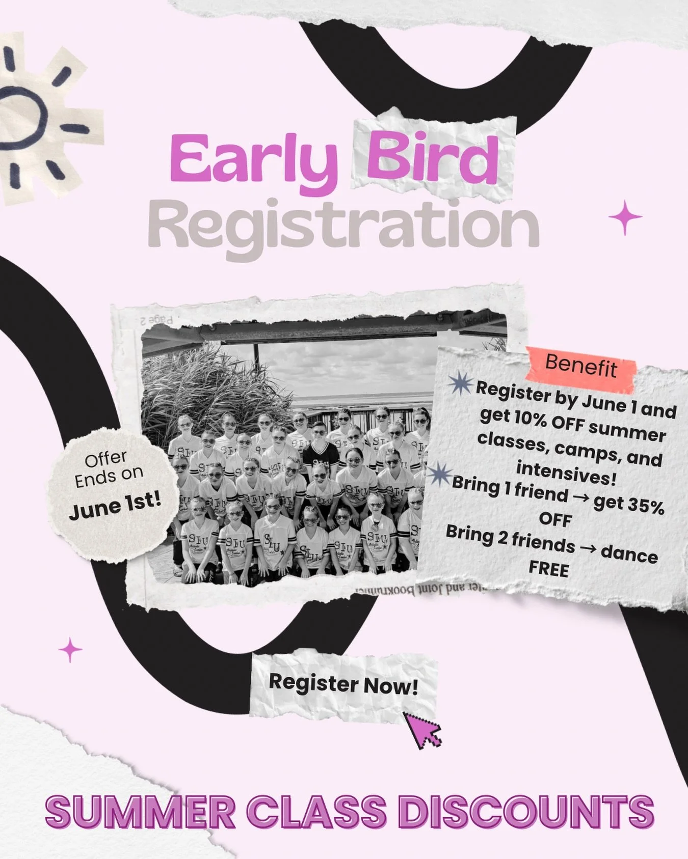 🚨 DON&rsquo;T MISS EARLY BIRD SAVINGS! 🚨

Summer at SIUAC is coming FAST and so is your chance to save!

🎉 Register by June 1 and get 10% OFF summer classes, camps, and intensives!

Whether your dancer is just starting out or ready to level up, ou