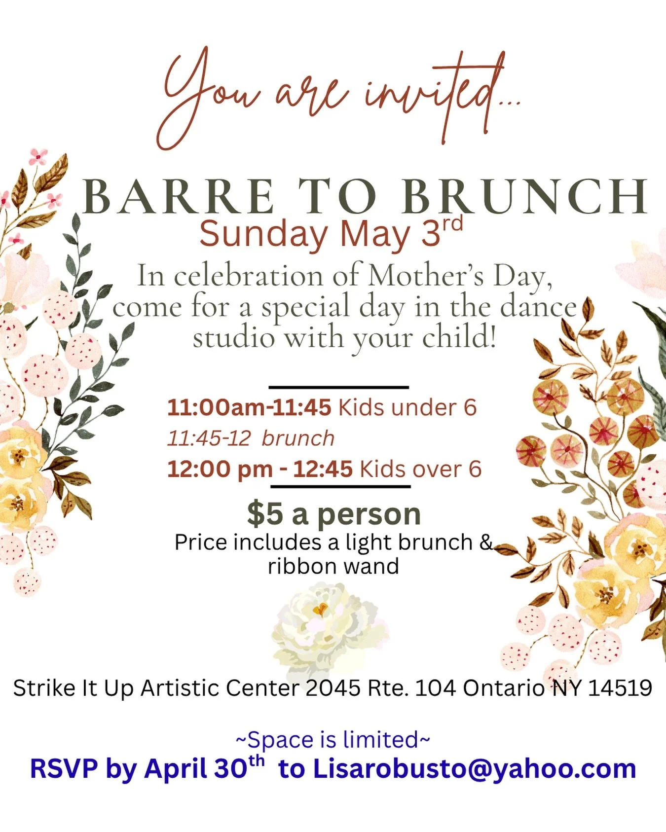 Celebrate Mother&rsquo;s Day with us 💐

Join us for a special Barre to Brunch event: a fun and memorable way to spend time in the studio with your child 💕 This event is the weekend before Mother&rsquo;s Day, so no need to move plans. 😄

Dance toge