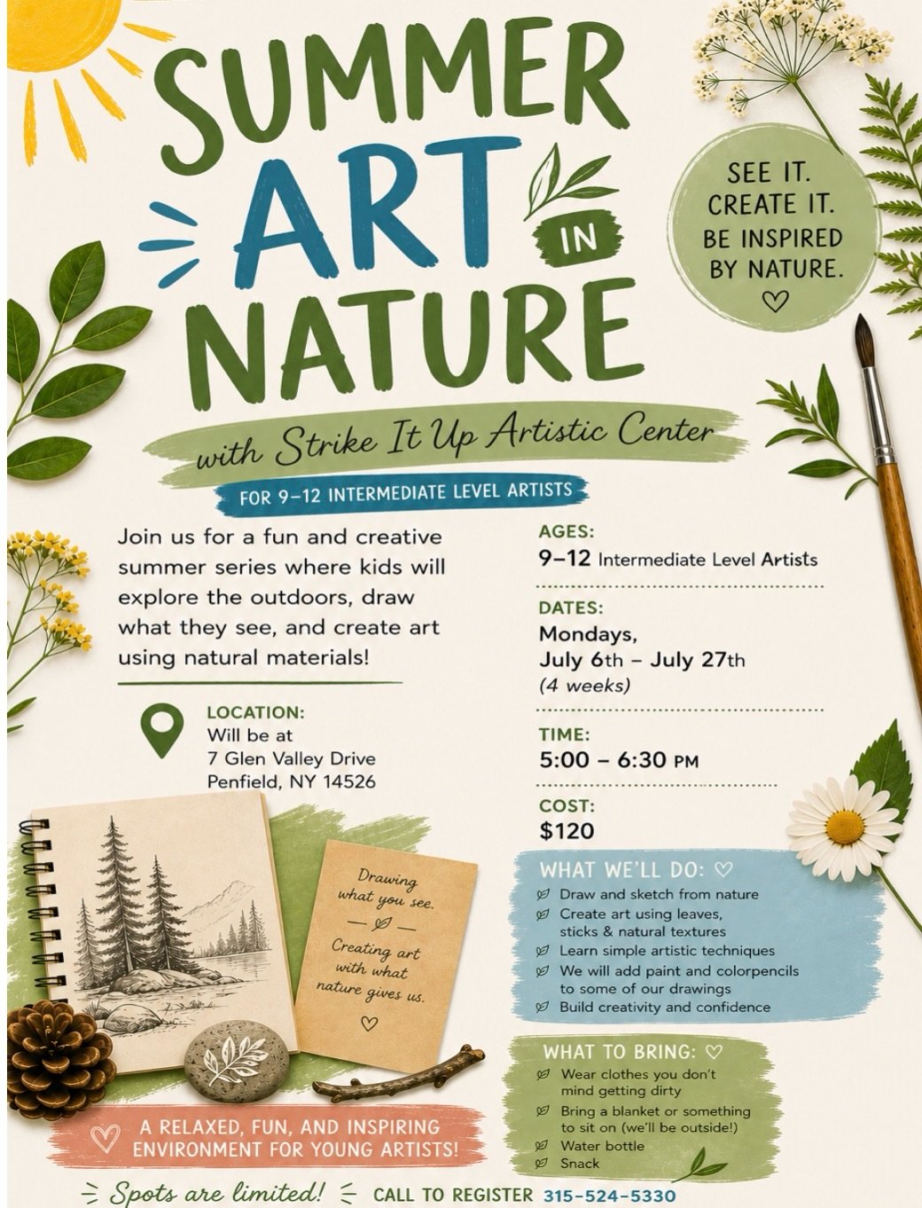 We are so excited to offer TWO outdoor summer art experiences this year for our young artists in Penfield!

🖌 ART EXPLORATION
Ages 6-8 Beginners
Mondays | July 6-July 27
4:00-4:45 PM
$72

Perfect for younger artists who love to paint, craft, create,