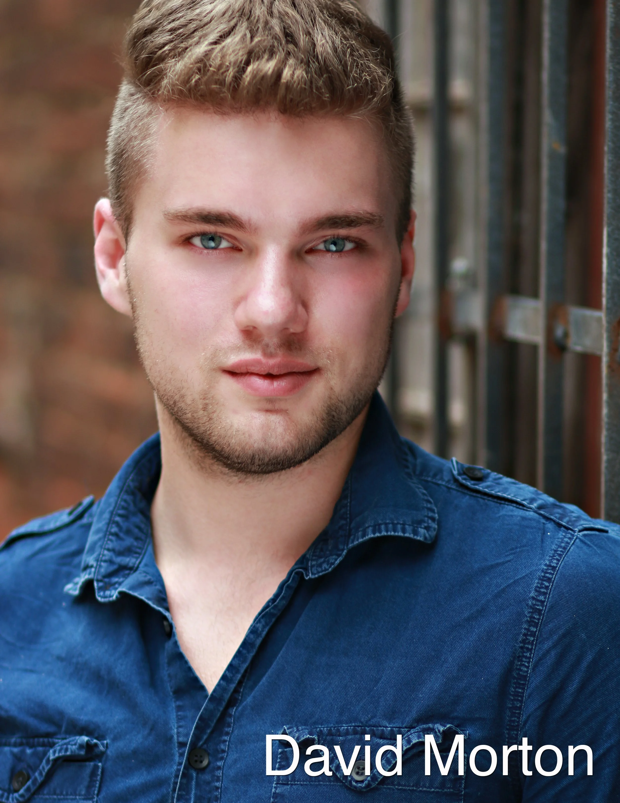 A young man with short, light brown hair and blue eyes, wearing a denim shirt, standing outdoors against a brick wall and metal fence. Text overlay reads 'David Morton'.