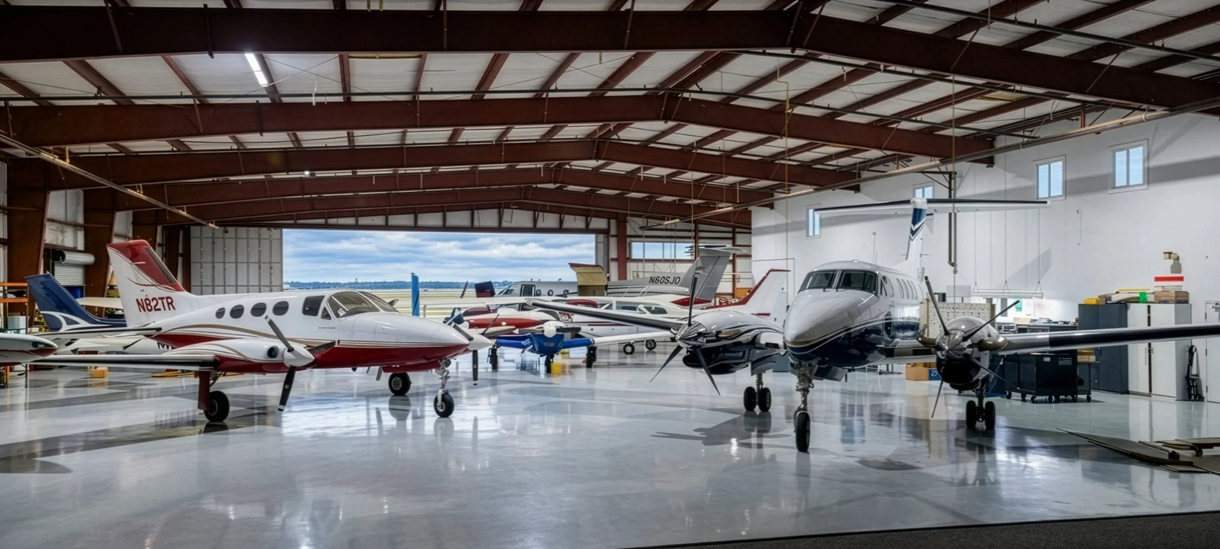Inside a spacious aircraft hangar, several small private jets are parked next to each other on a shiny floor, with large open doors revealing a cloudy sky outside.