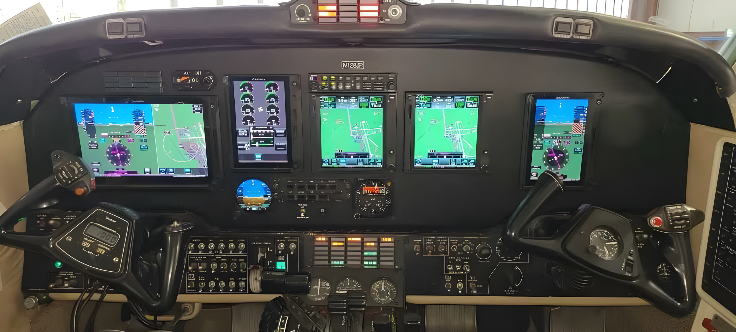 King Air F90 featuring a custom Garmin avionics upgrade with dual G600TXi displays, dual GTN750Xi navigators with FlightStream 510, Garmin EIS engine monitoring, GAD43E digital autopilot adapter, GMA35C remote audio panel, GDL69 SXM weather receiver,