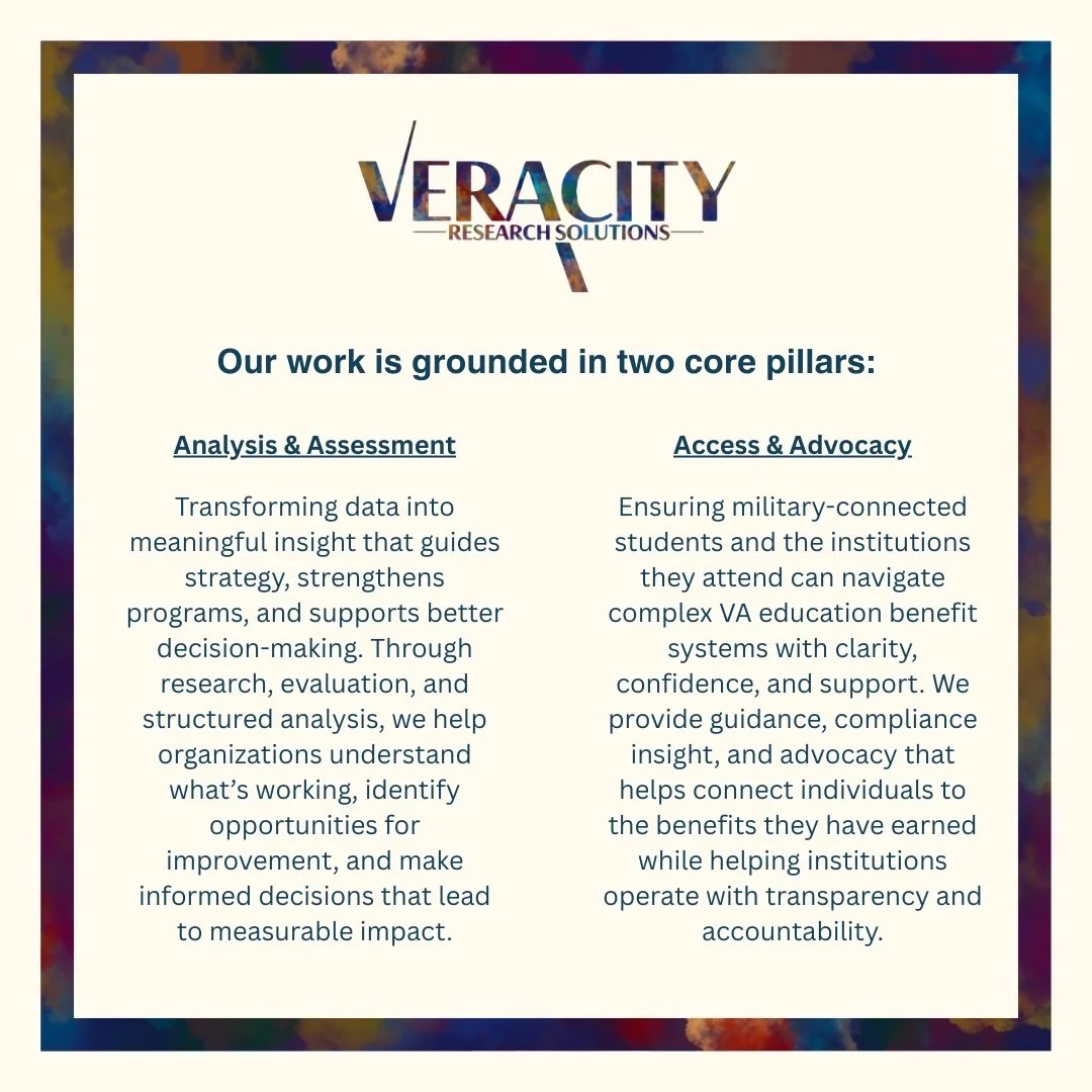 At Veracity Research Solutions, our work is grounded in two core pillars: Analysis&amp; Assessment + Access &amp; Advocacy.

Through research, evaluation, and data analysis, we help organizations understand what&rsquo;s working and where opportunitie