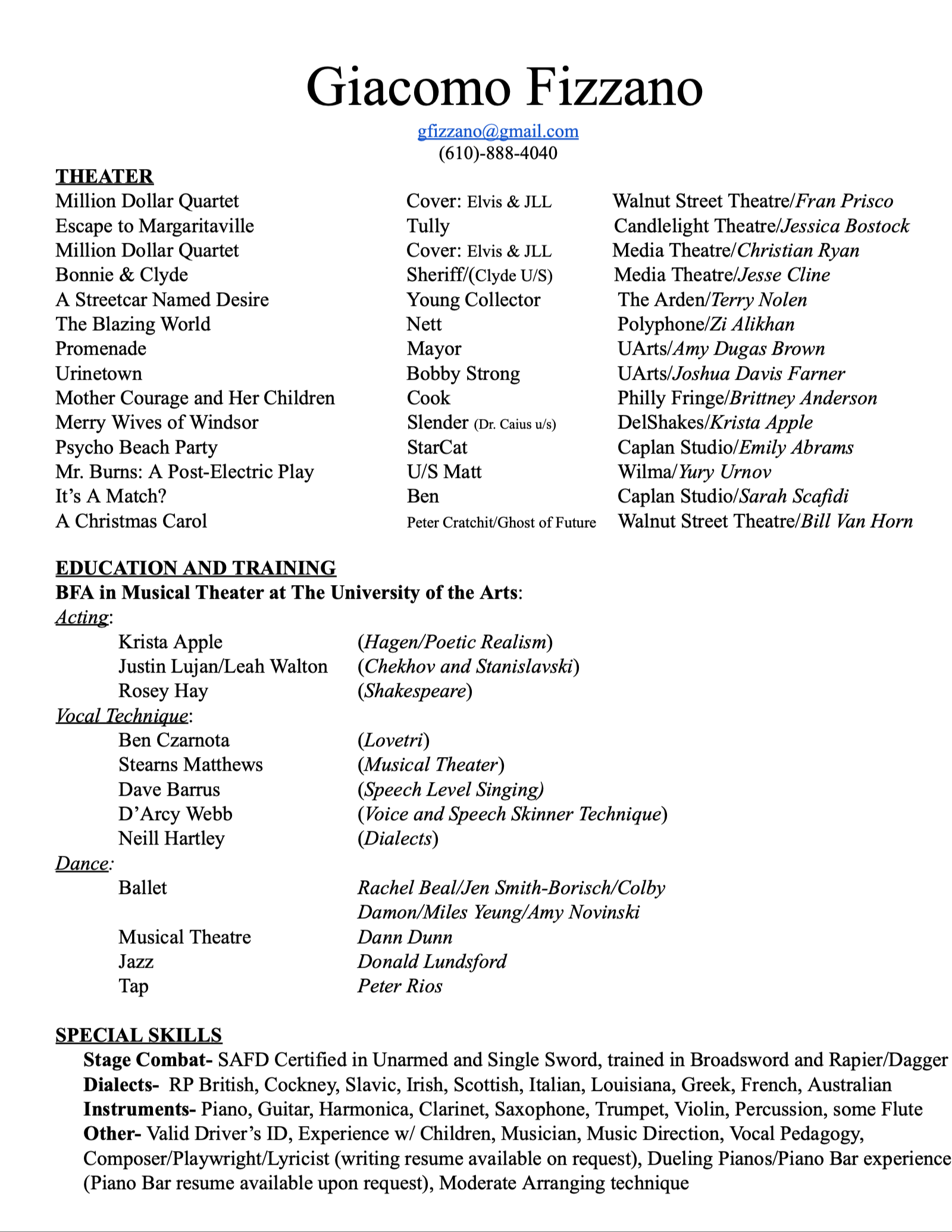 A resume or CV document for Giacomo Fizzano, including contact information, a list of theater performances, and education and training details.