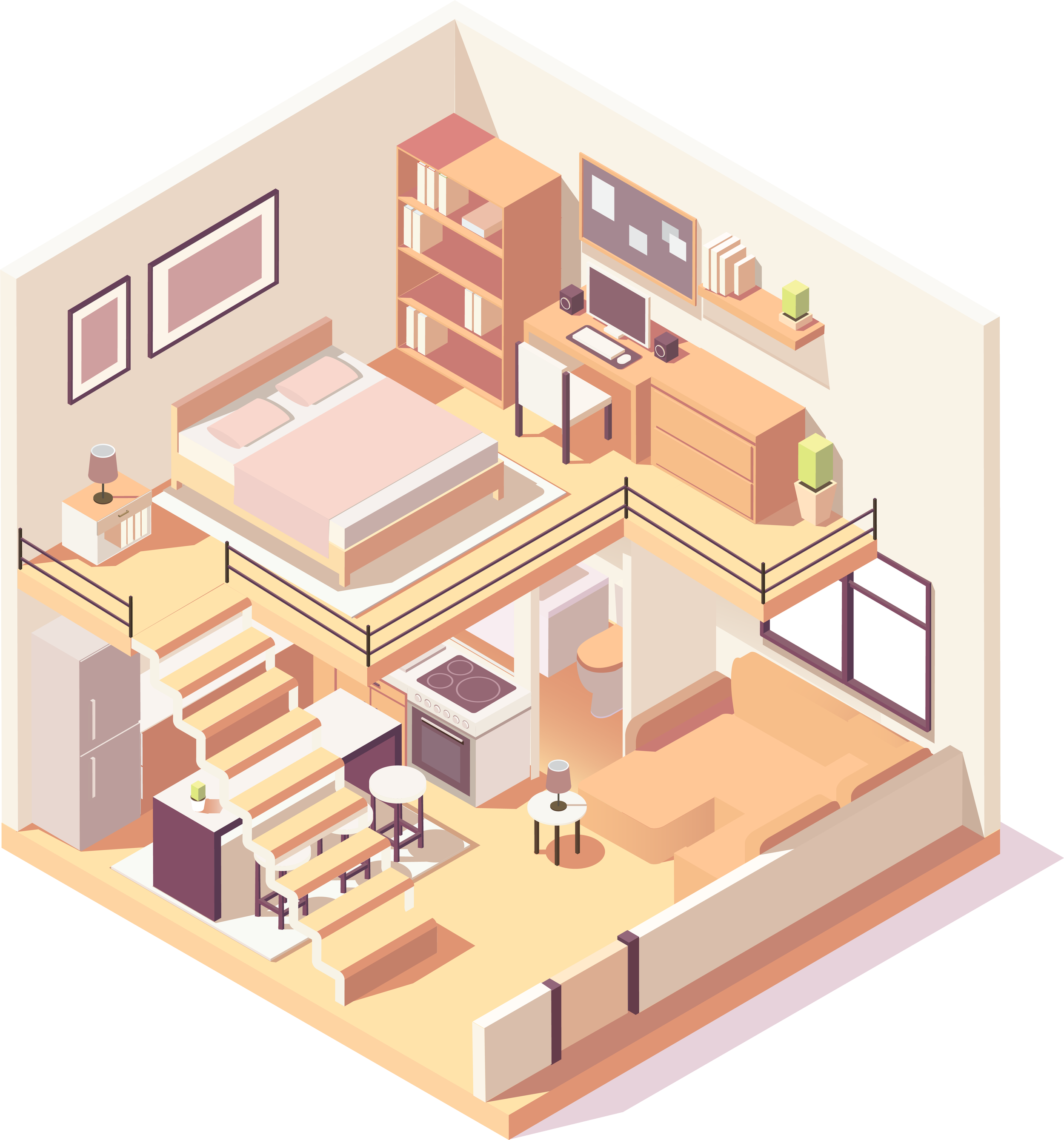 Isometric illustration of a modern loft apartment with a bedroom, desk with computer, bookshelves, kitchen, bathroom, and small living area.
