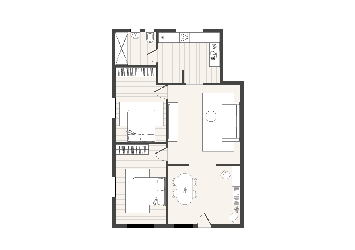 2D floor plan showing a small apartment layout with two bedrooms, one bathroom, a kitchen, a dining area, and a living room with sofa and coffee table.