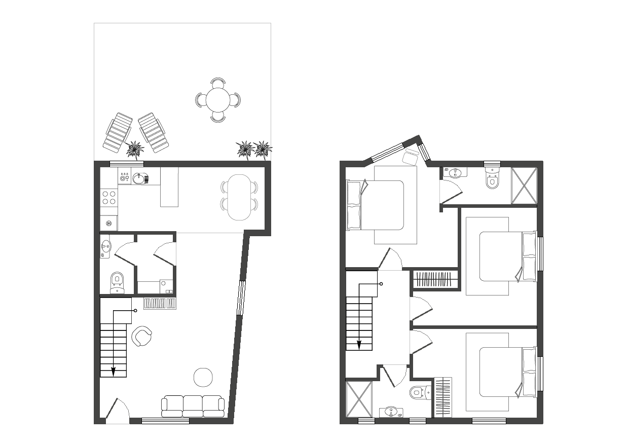 Two-story house floor plan with outdoor patio, living room, kitchen, dining area on the first floor, and three bedrooms with bathrooms on the second floor.