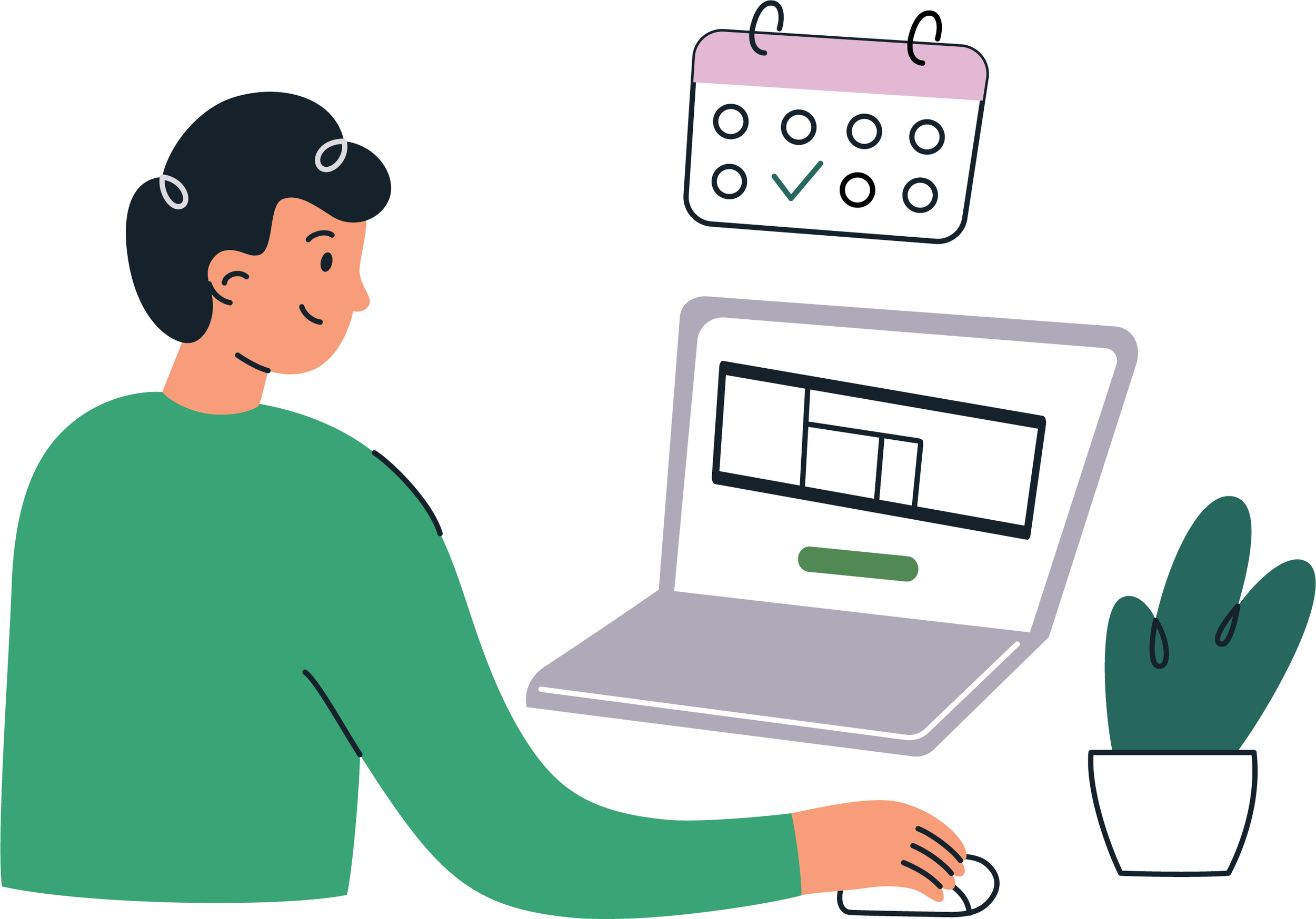 Illustration of a person working at a laptop with a calendar and a potted plant nearby.