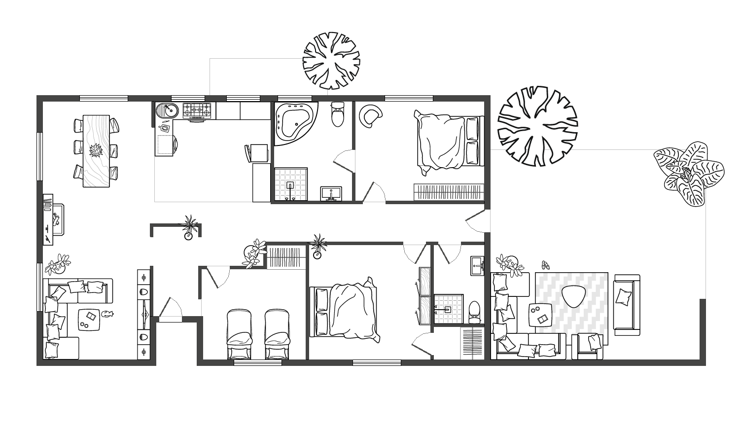 Architectural floor plan of a house with multiple rooms, including bedrooms, bathrooms, a living room, dining area, kitchen, and outdoor spaces with plants.