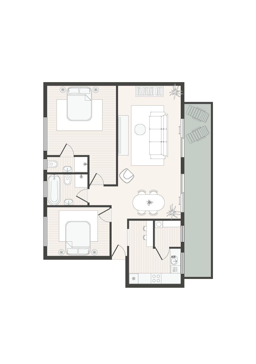 A floor plan layout of a small apartment or house featuring two bedrooms, a bathroom, an open-concept living and dining area, a kitchen, and a small balcony with outdoor seating.