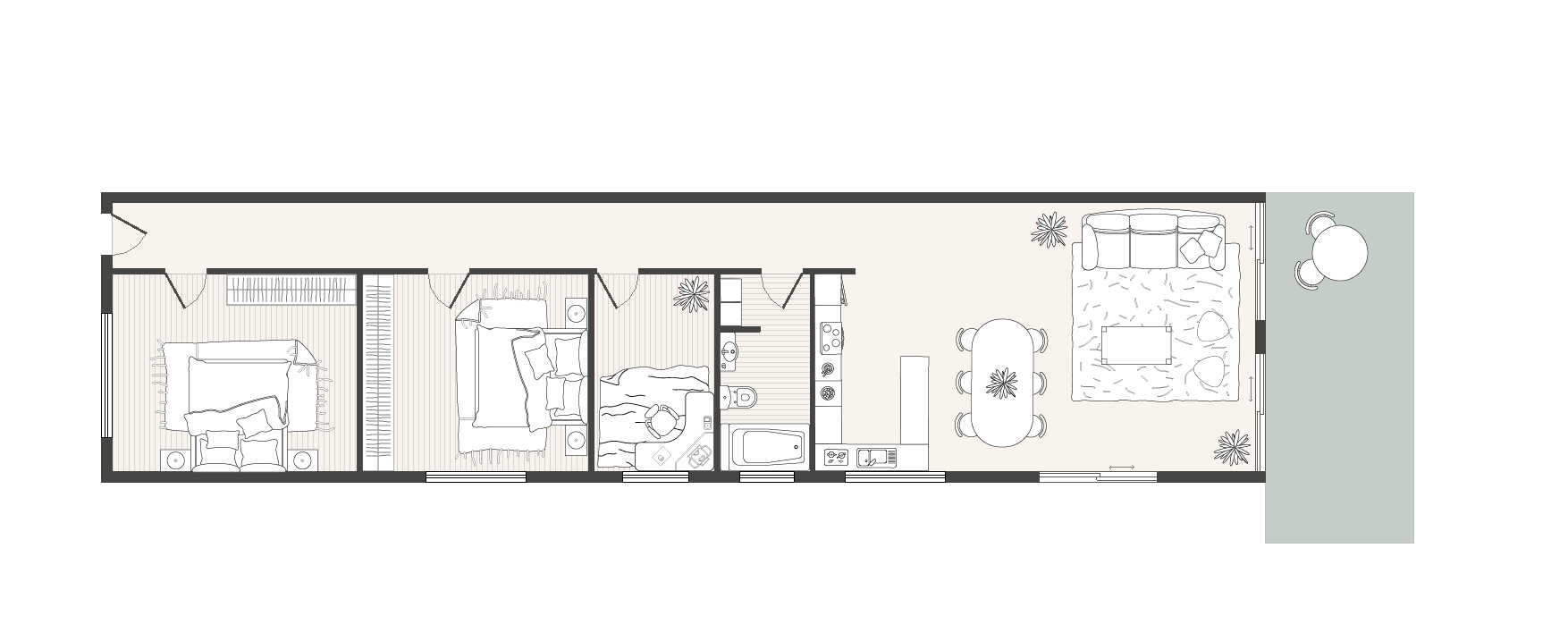 Apartment floor plan with two bedrooms, living room, kitchen, dining area, bathroom, and a small outdoor patio.