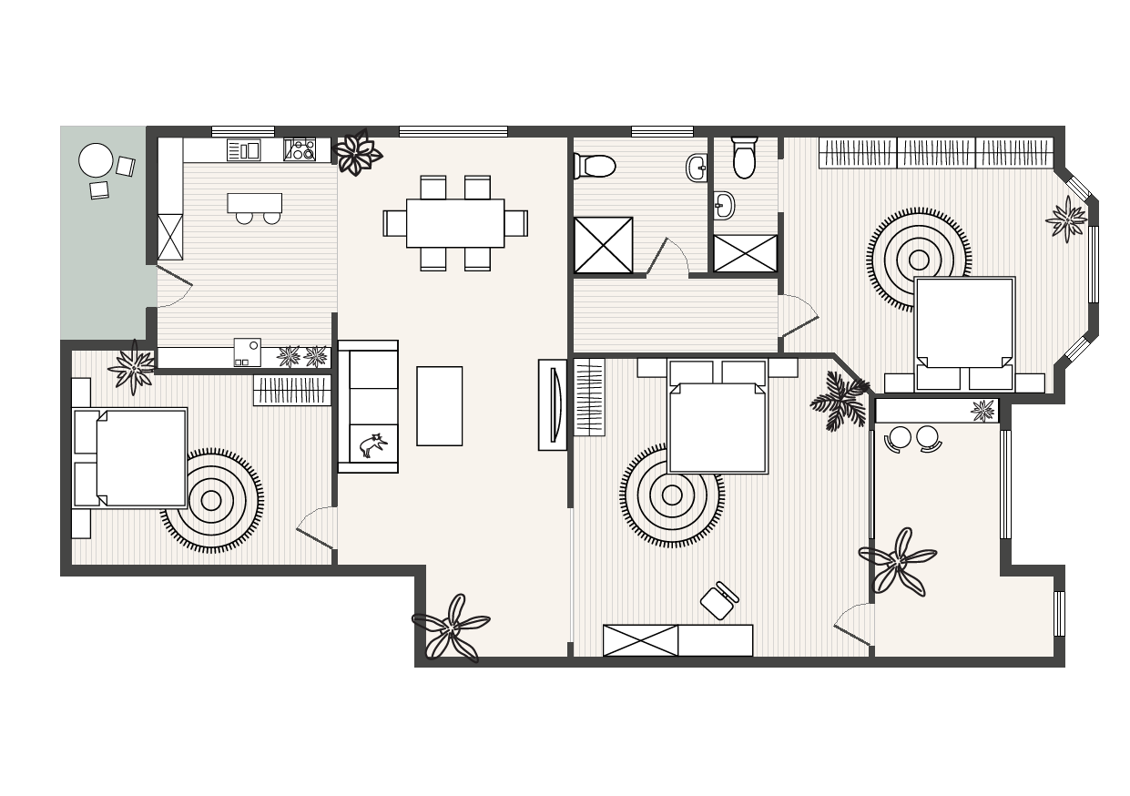 Floor plan of an apartment with two bedrooms, two bathrooms, living room, kitchen, dining area, and two balconies.