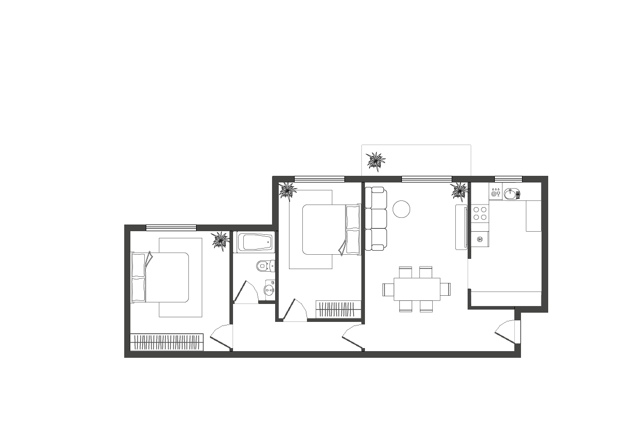 Two-bedroom apartment floor plan with living room, kitchen, bathroom, and dining area layout.