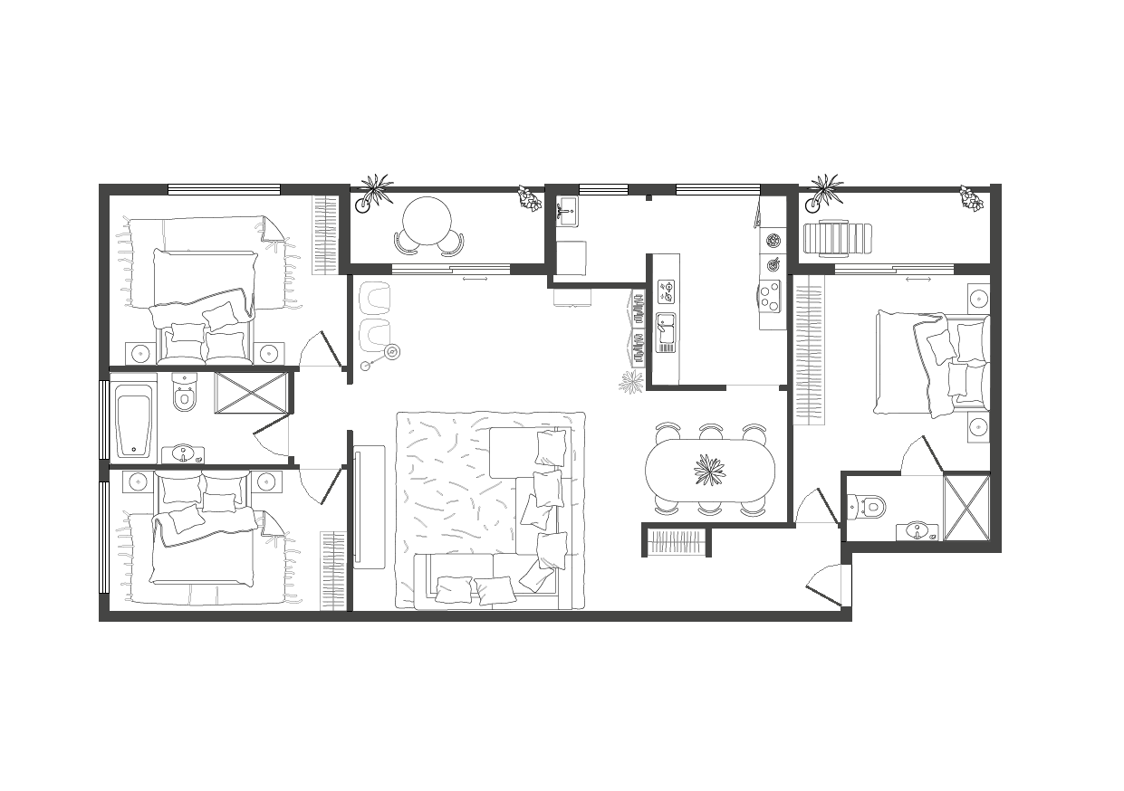 Floor plan of a three-bedroom apartment with bedrooms, bathrooms, kitchen, dining and living areas.