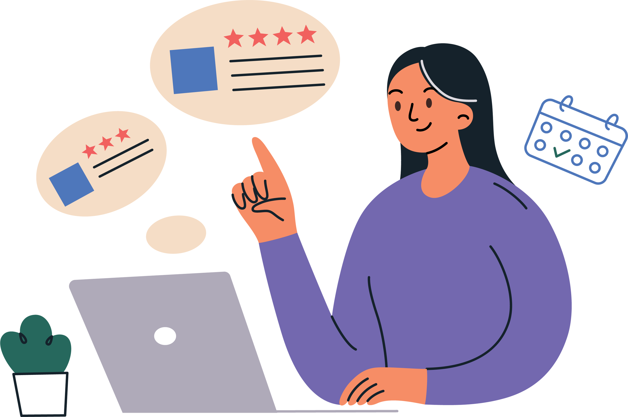 Illustration of a person using a laptop with speech bubbles showing star ratings, a calendar, and a plant nearby.