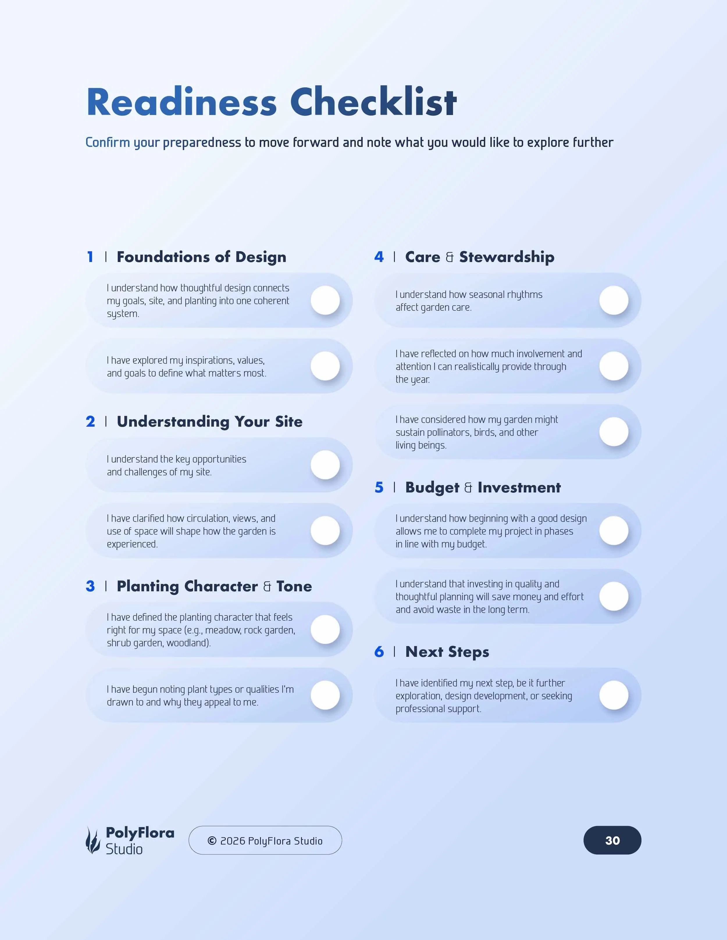 Readiness checklist page with checkboxes covering design foundations, site understanding, care, budget, and next steps