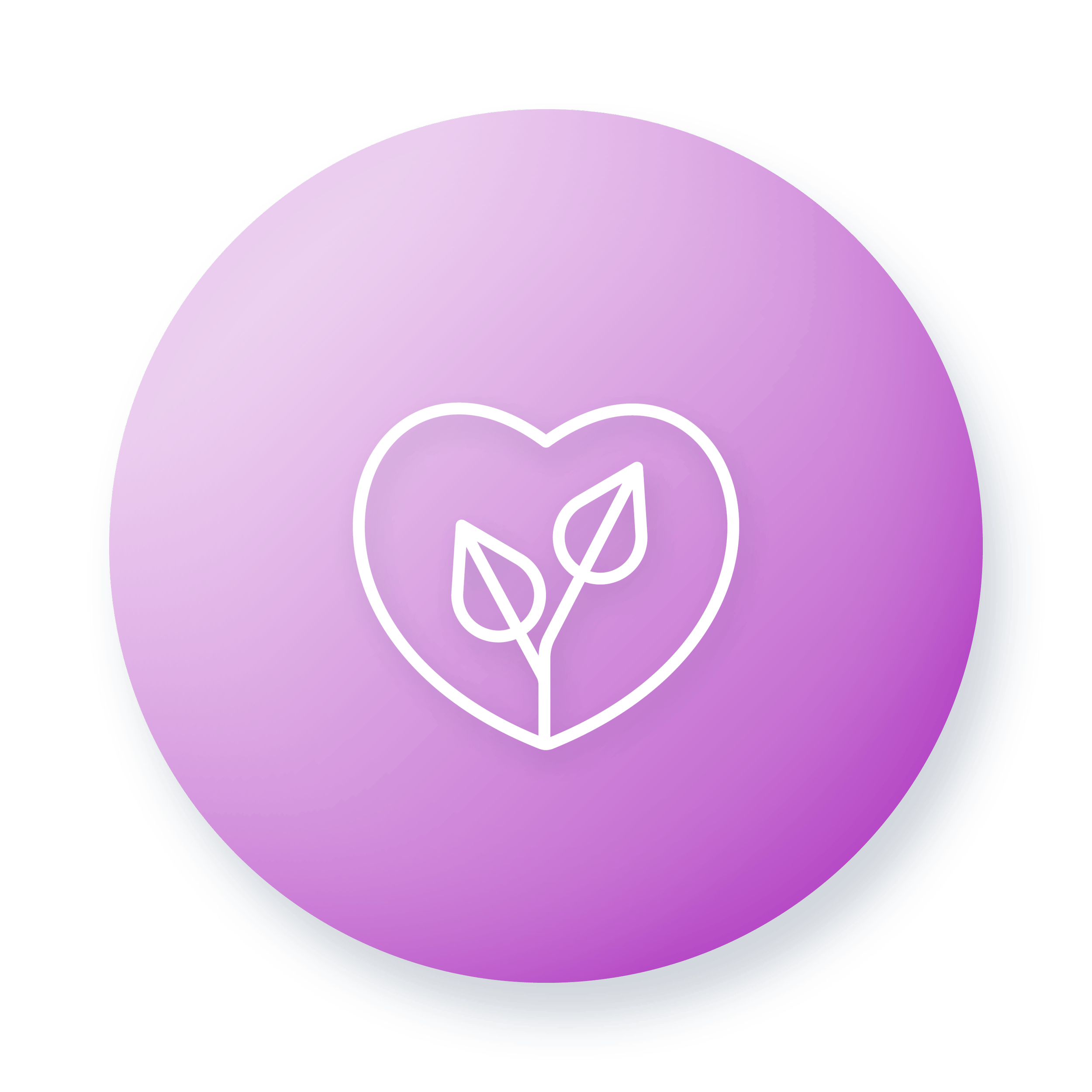 Stewardship stage icon with heart-and-seedling symbol on a pink gradient circle.