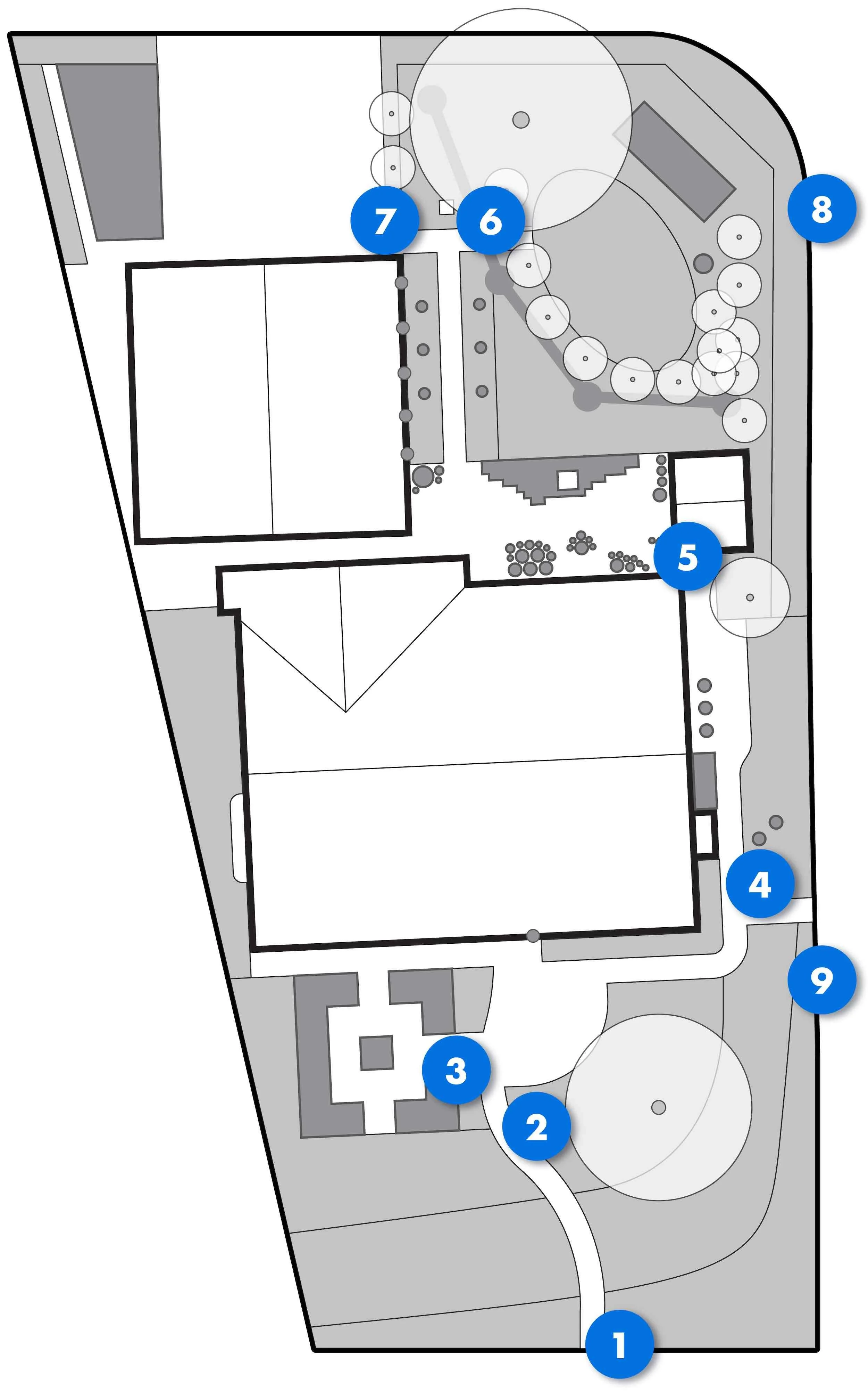 Site map for the Hannemann Garden Tour showing nine numbered sign locations around the property