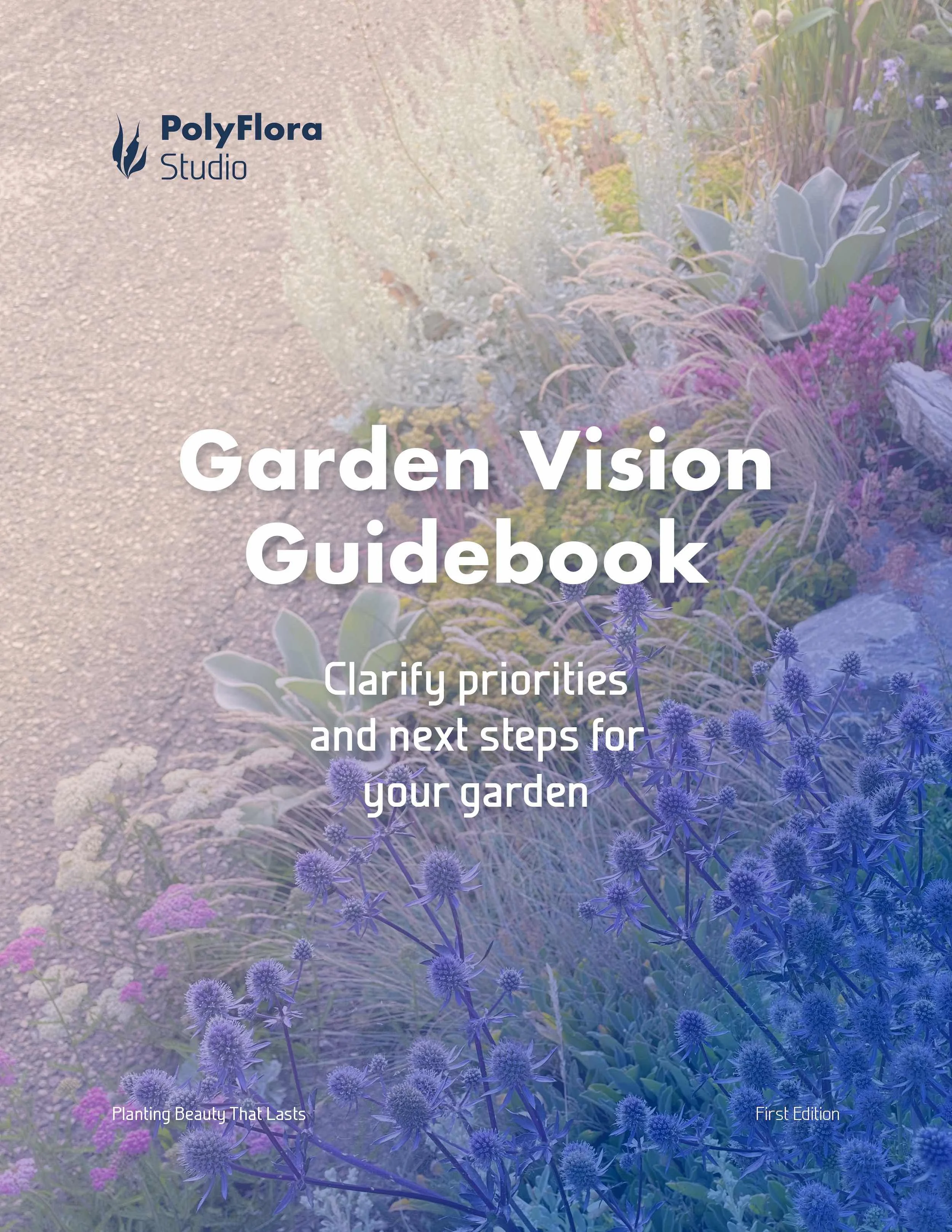 Garden Vision Guidebook cover with a naturalistic garden photo background.